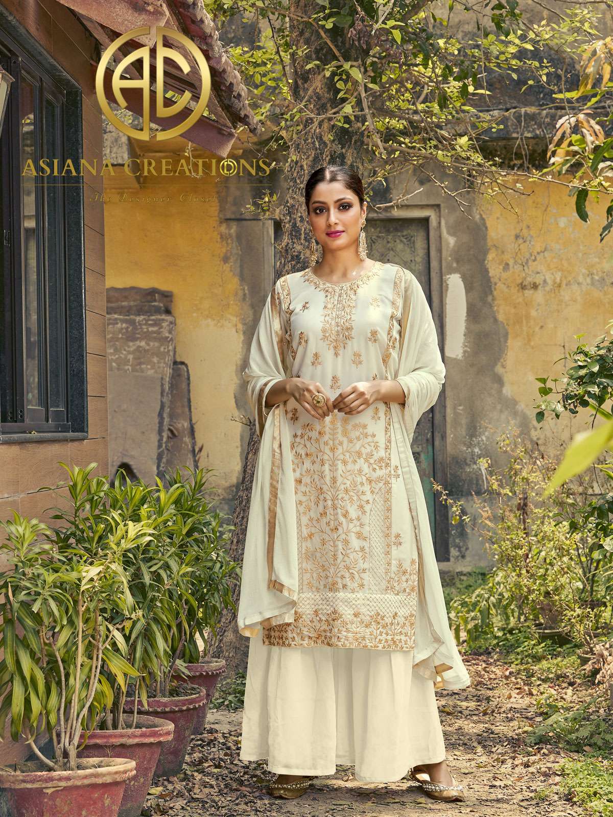Embroidered Georgette Off White Palazzo Suits-2053