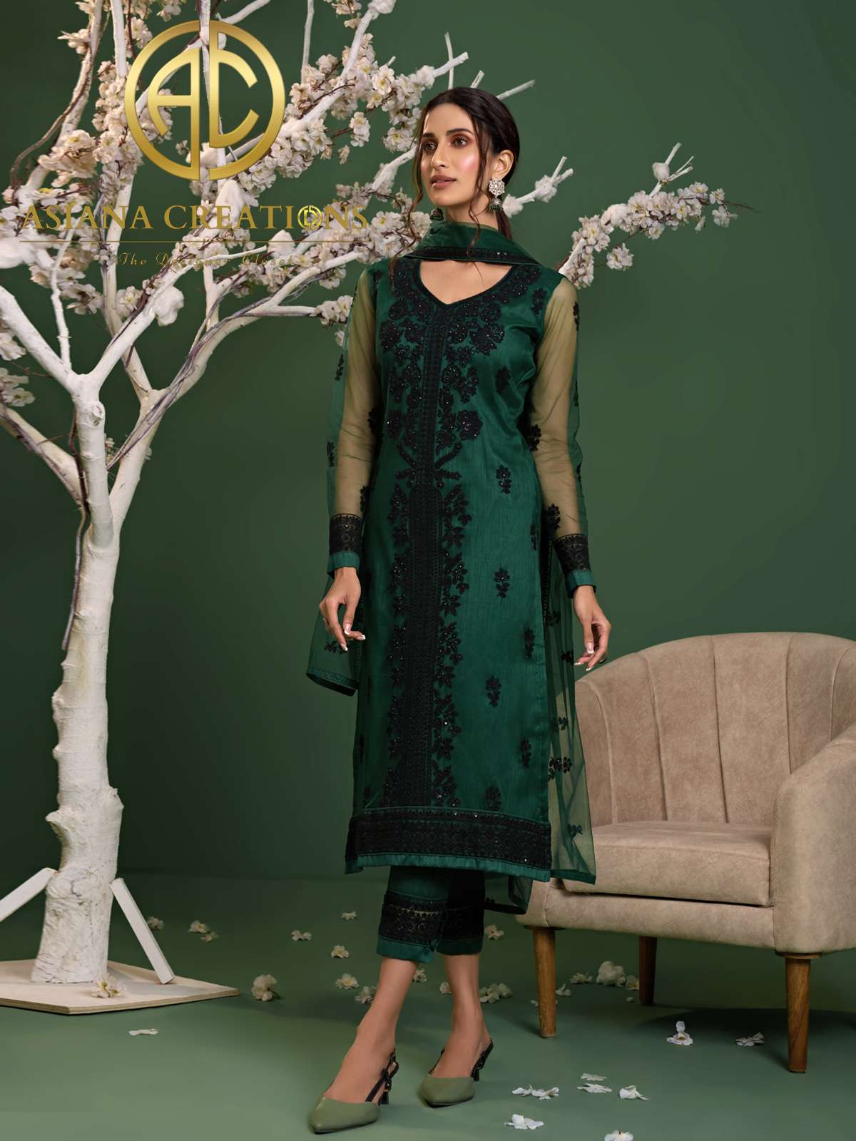 Net Embroidered Green Designer Salwar Suits-2075
