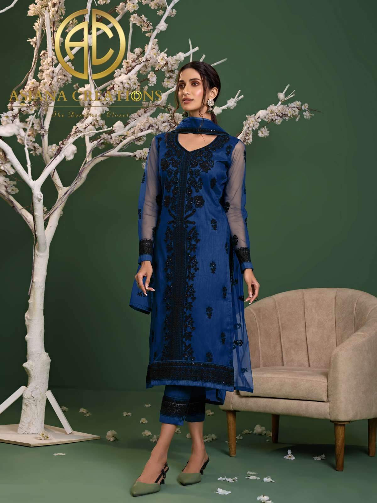 Net Embroidered Blue Designer Salwar Suits-2077