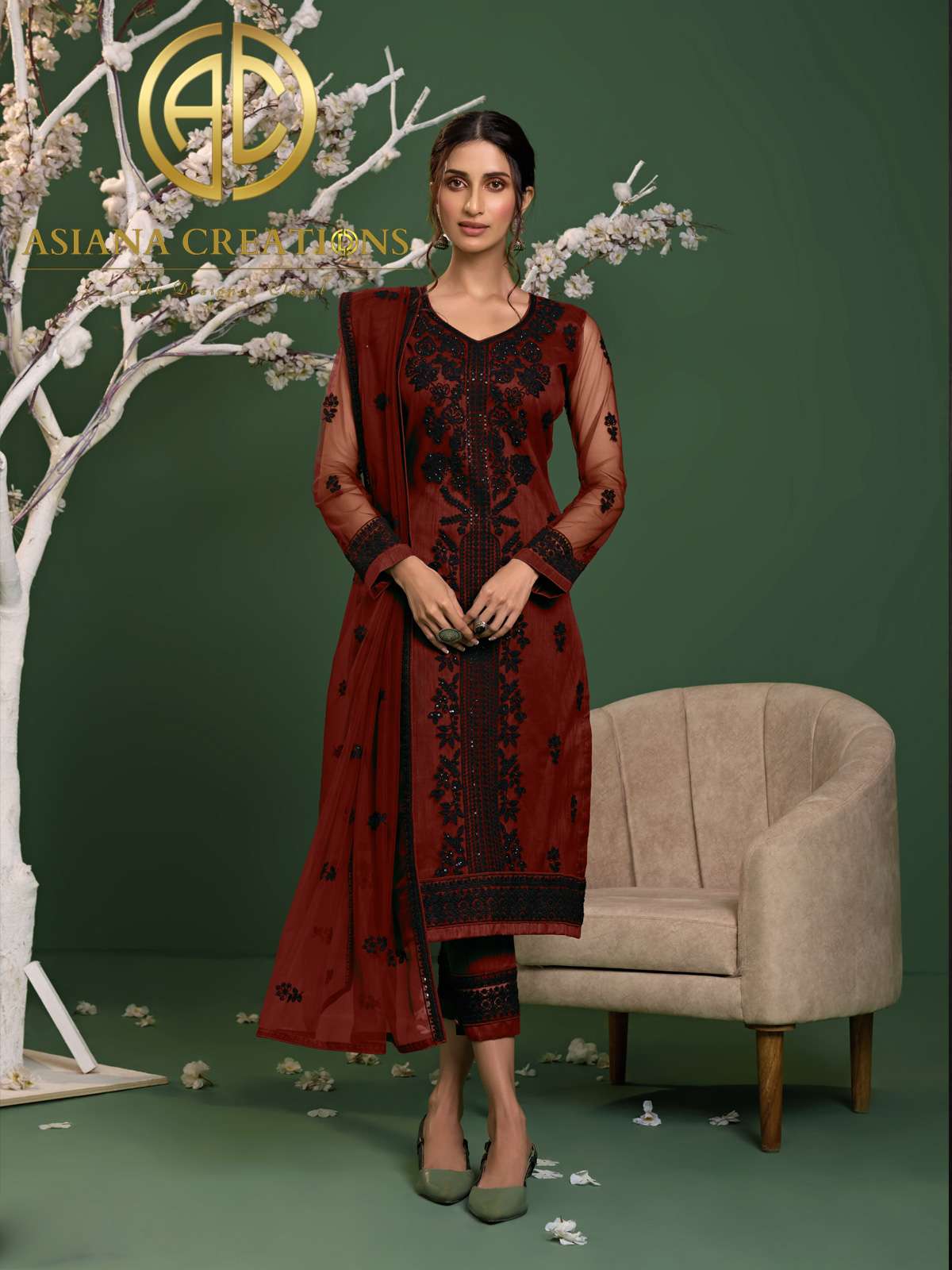 Net Embroidered Maroon Designer Salwar Suits-2078