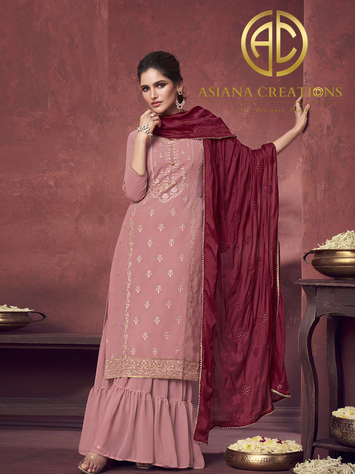 Georgette Embroidered Pink Designer Palazzo Suits-2082