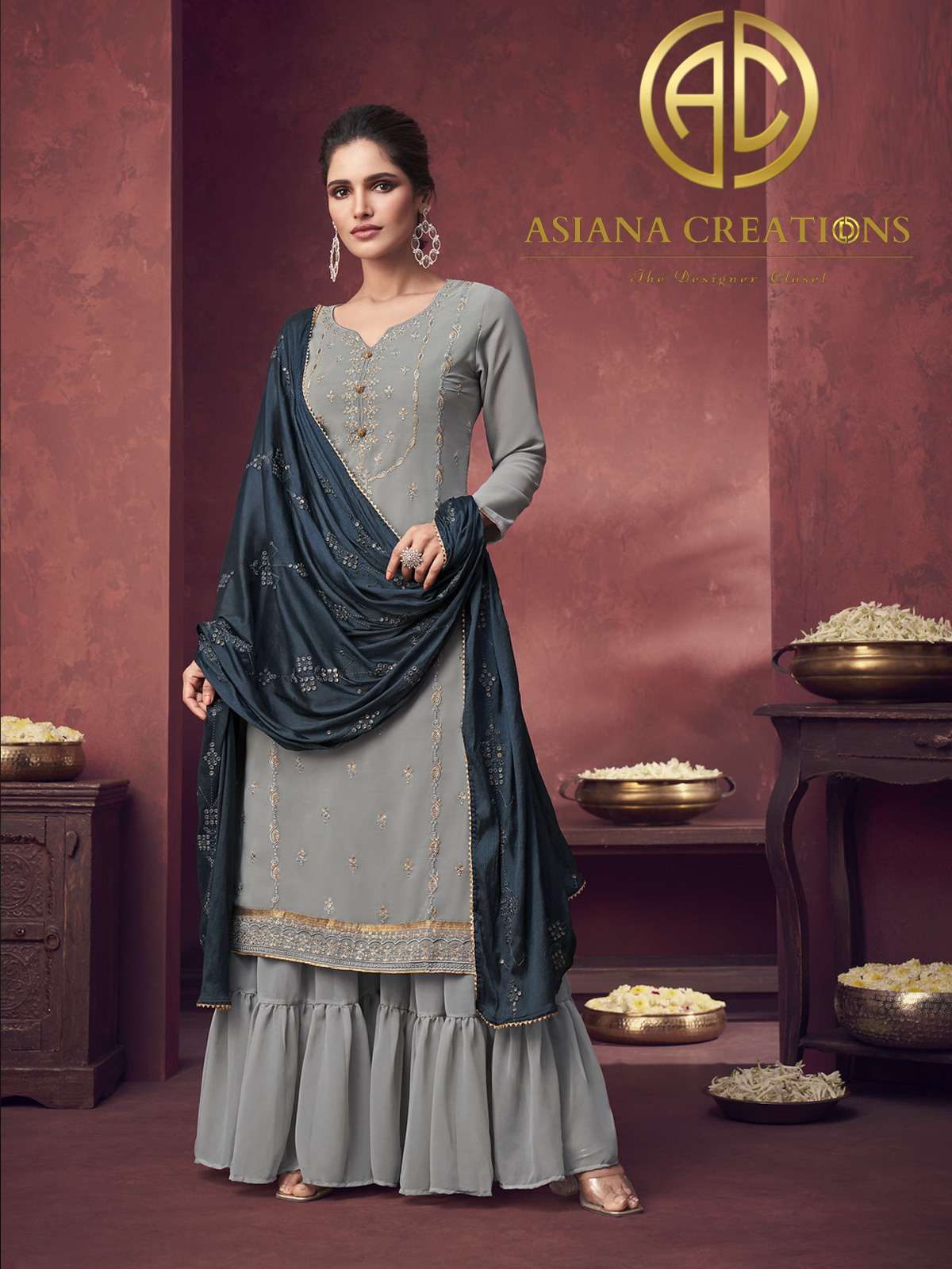 Georgette Embroidered Grey Designer Palazzo Suits-2083