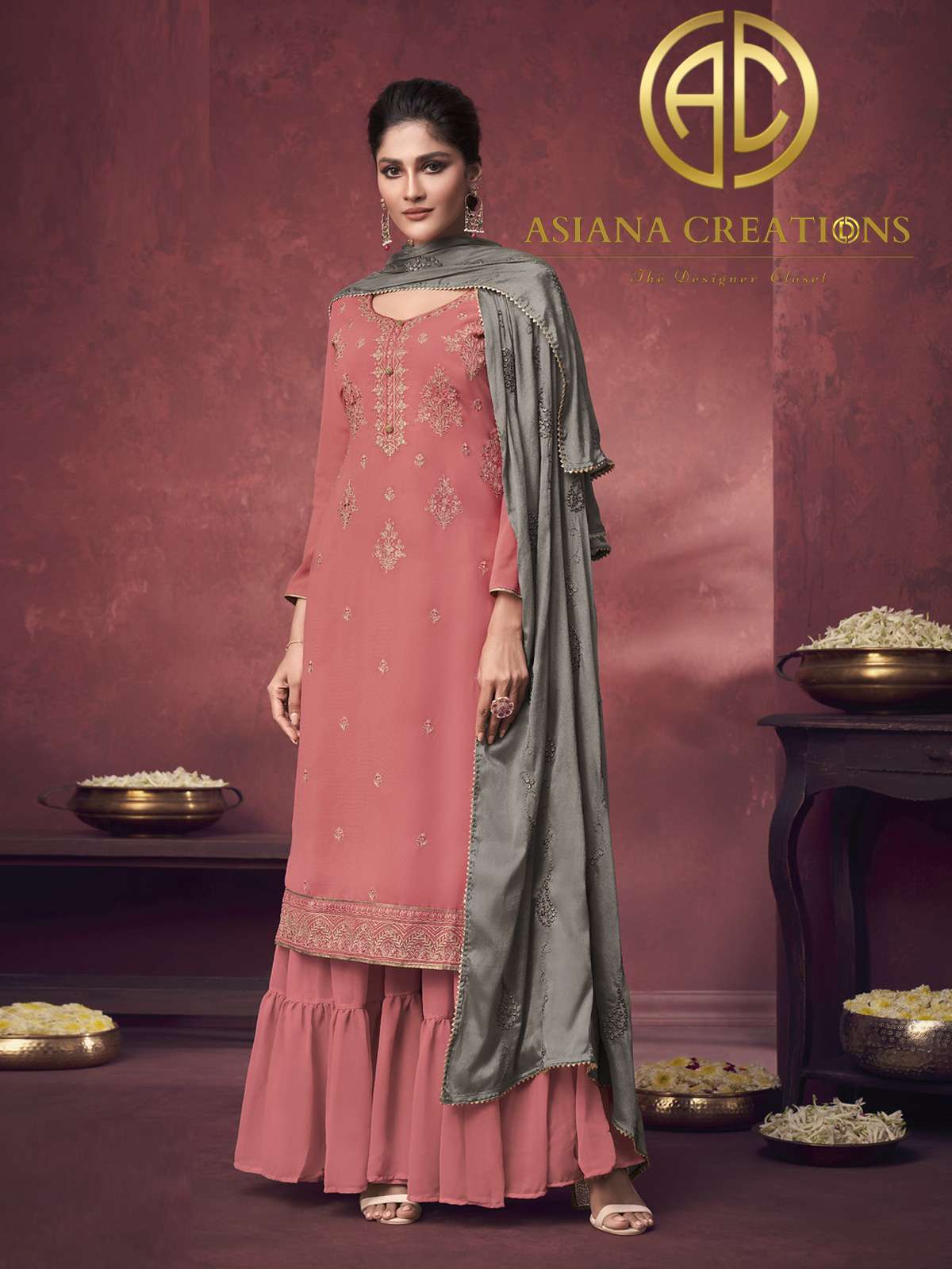 Georgette Embroidered Pink Designer Palazzo Suits-2085