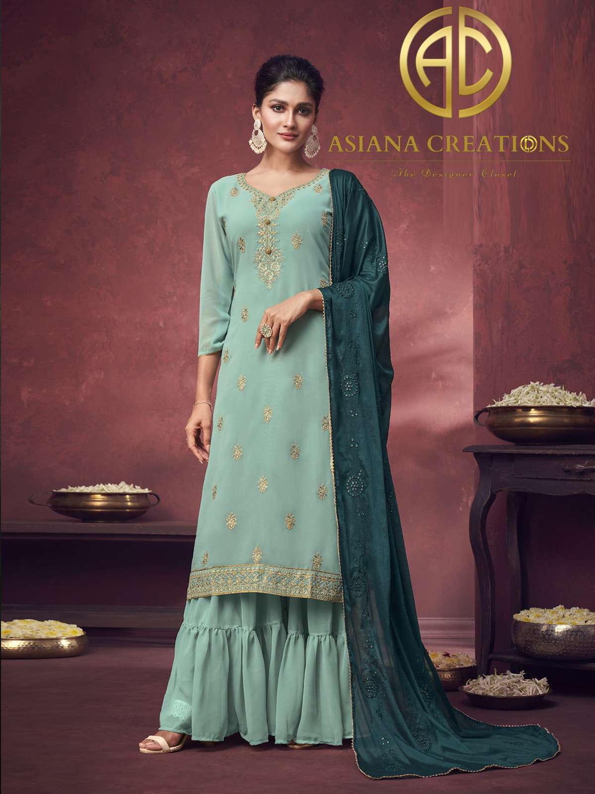 Georgette Embroidered Sea Green Designer Palazzo Suits-2086