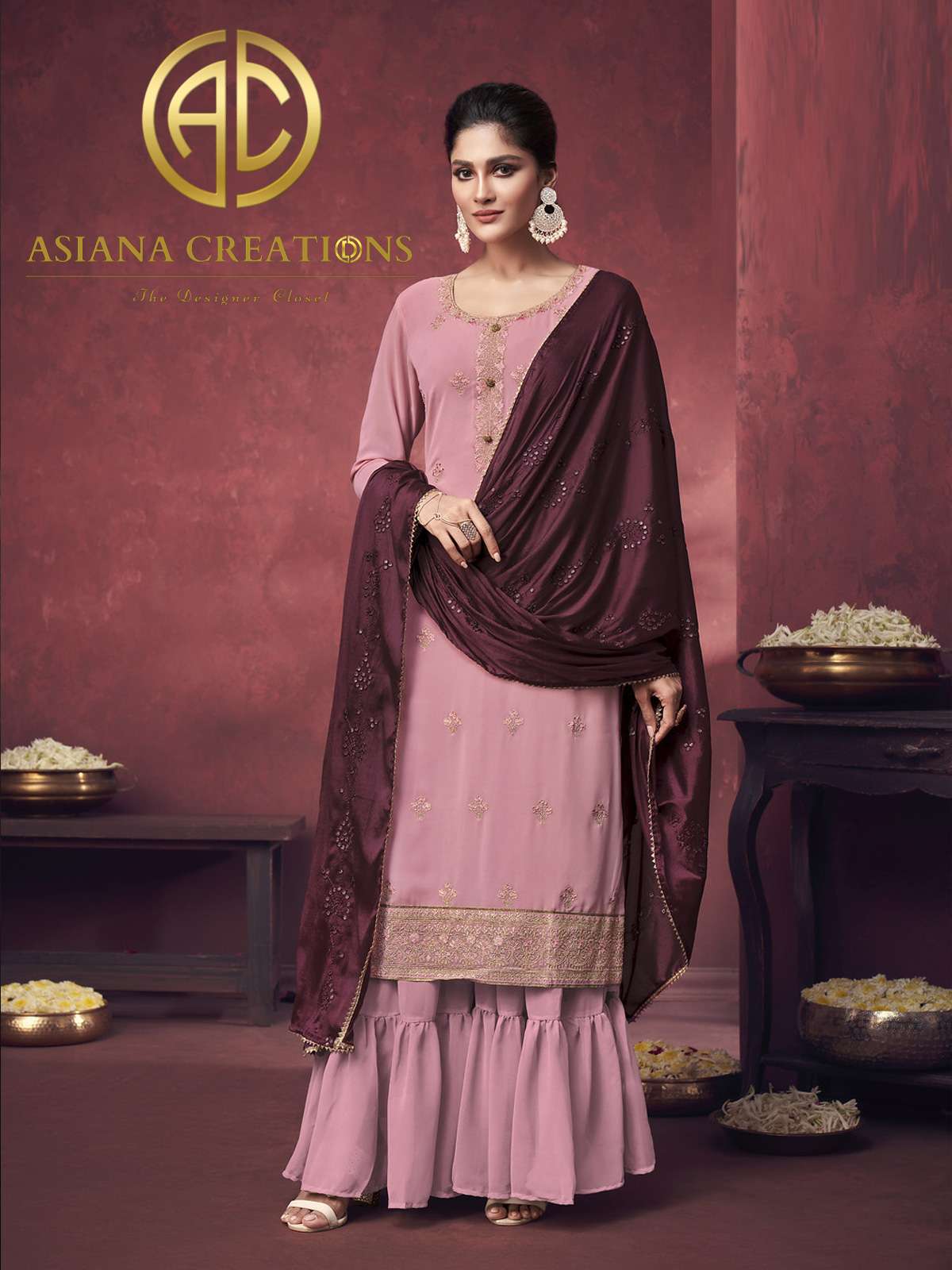 Georgette Embroidered Pink Designer Palazzo Suits-2087