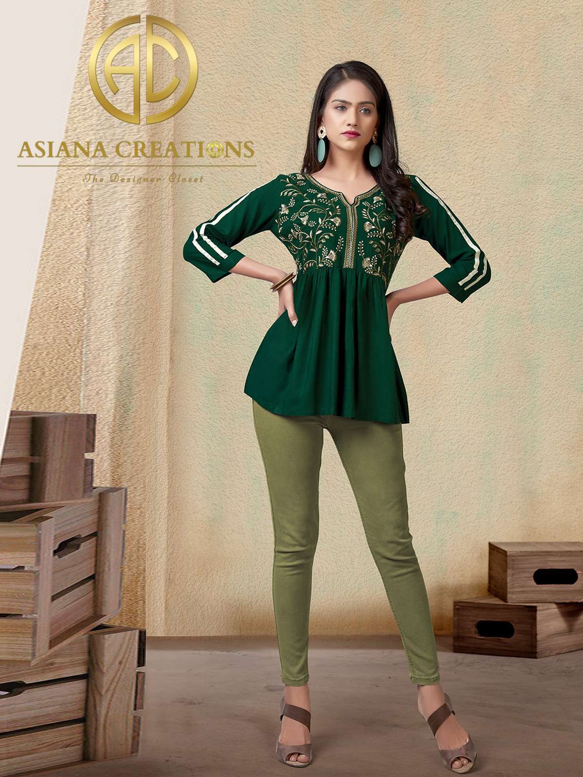 Rayon Dark Green Embroidered Short Top-2096