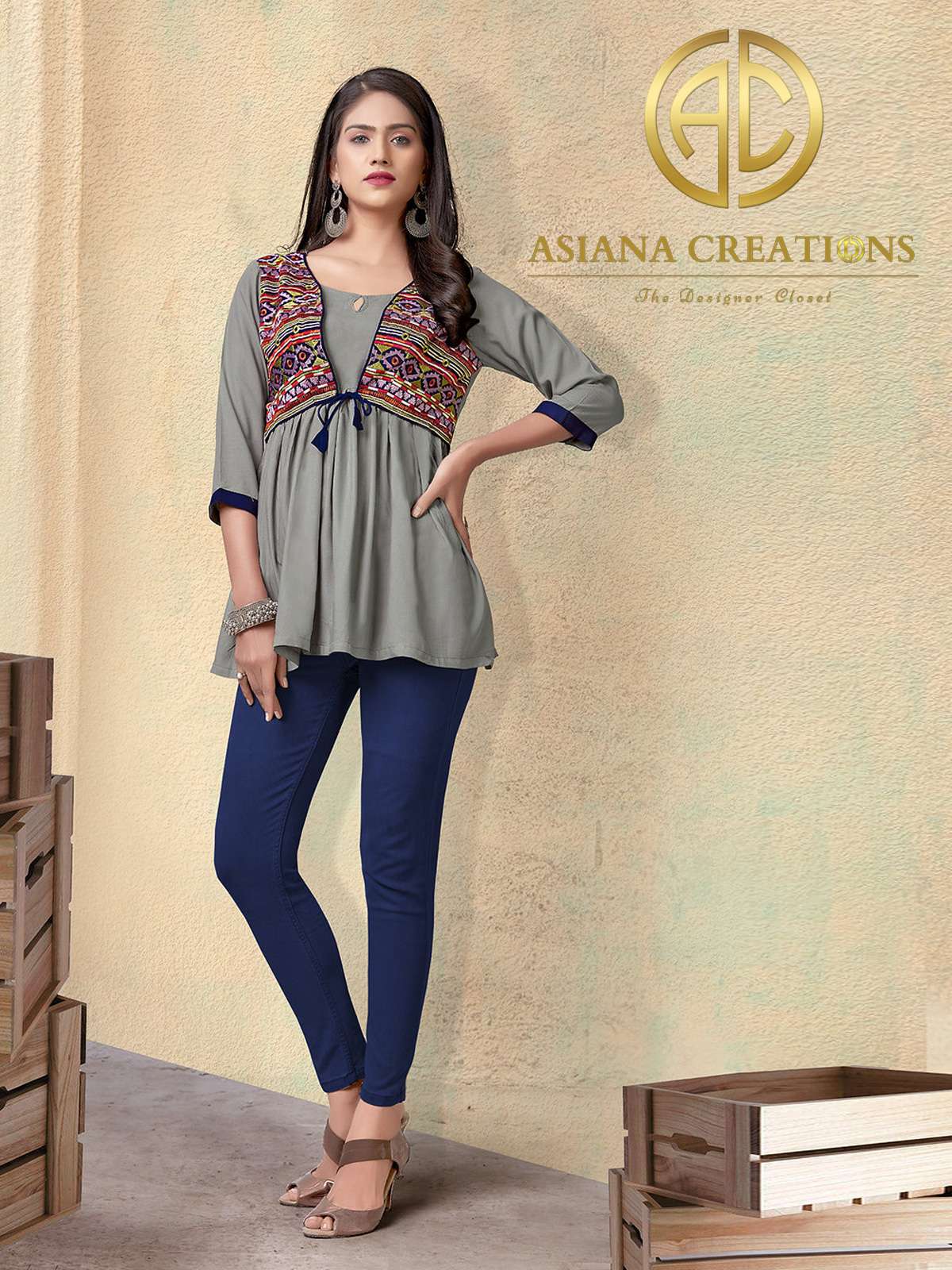 Rayon Grey Embroidered Short Top-2098
