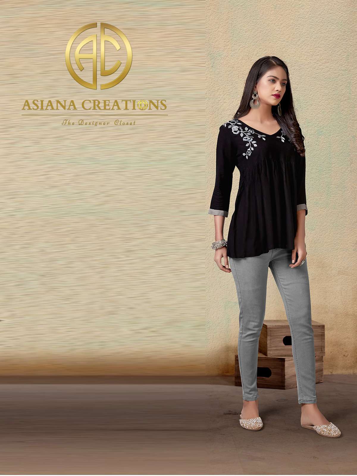 Rayon Black Embroidered Short Top-2099