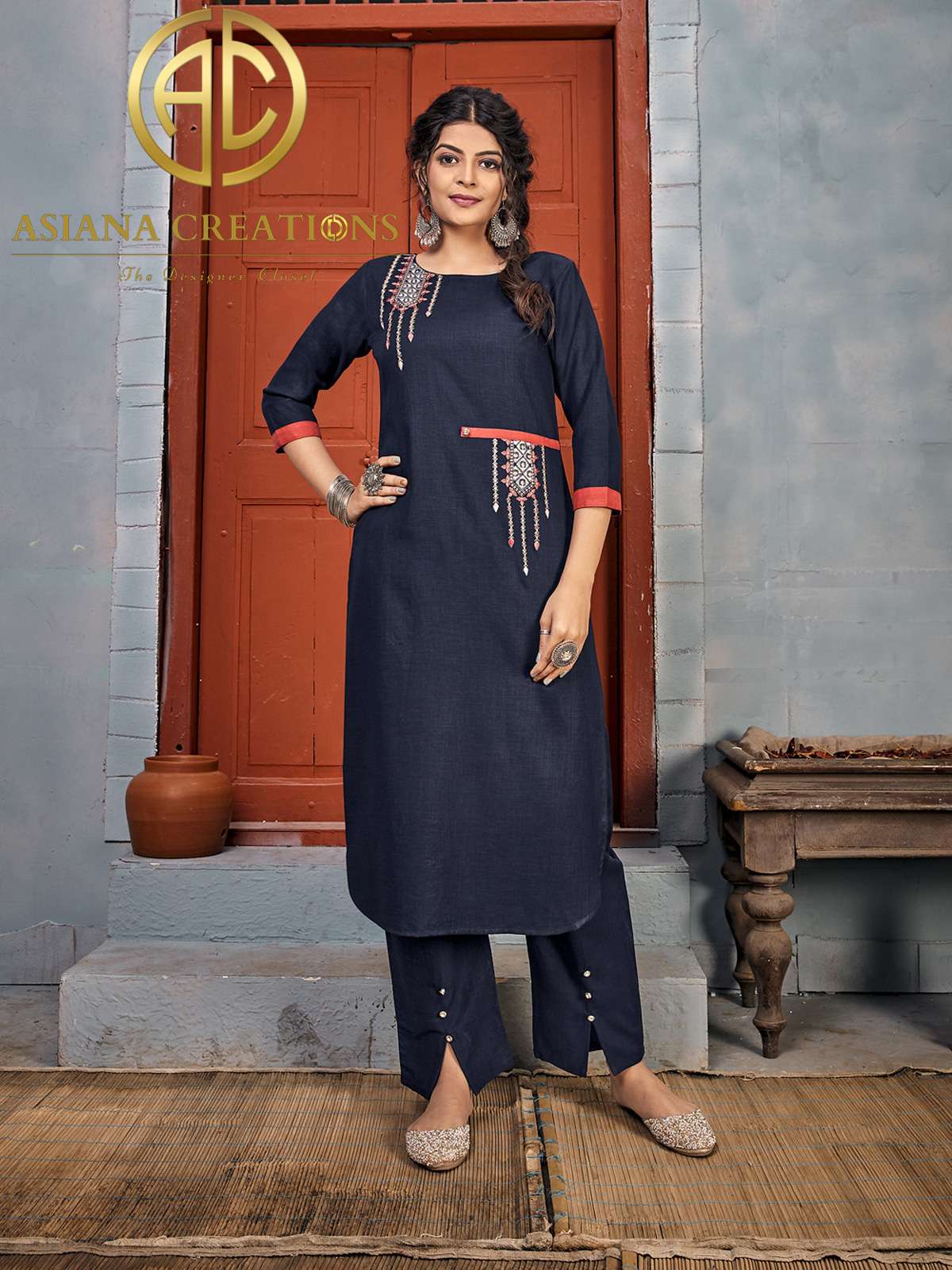 Rayon Navy Blue Embroidered Top & Bottom Set-2116