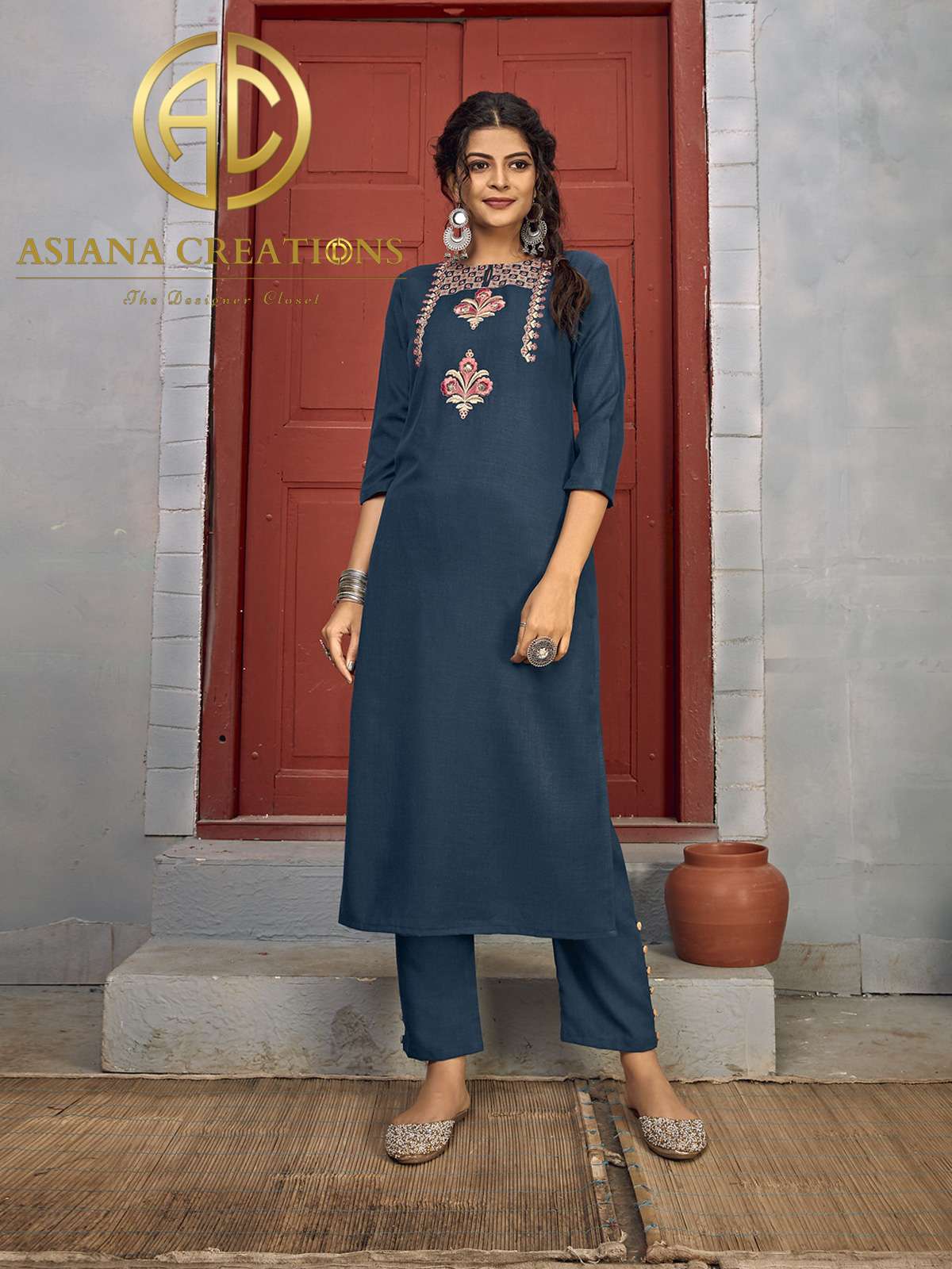 Rayon Navy Blue Embroidered Top & Bottom Set-2120