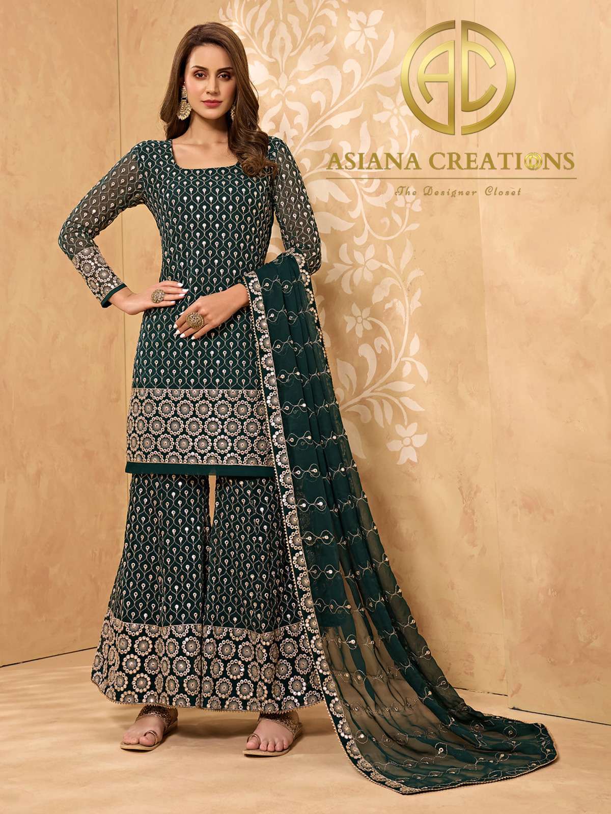 Georgette Embroidered Teal Green Palazzo Suit-2139