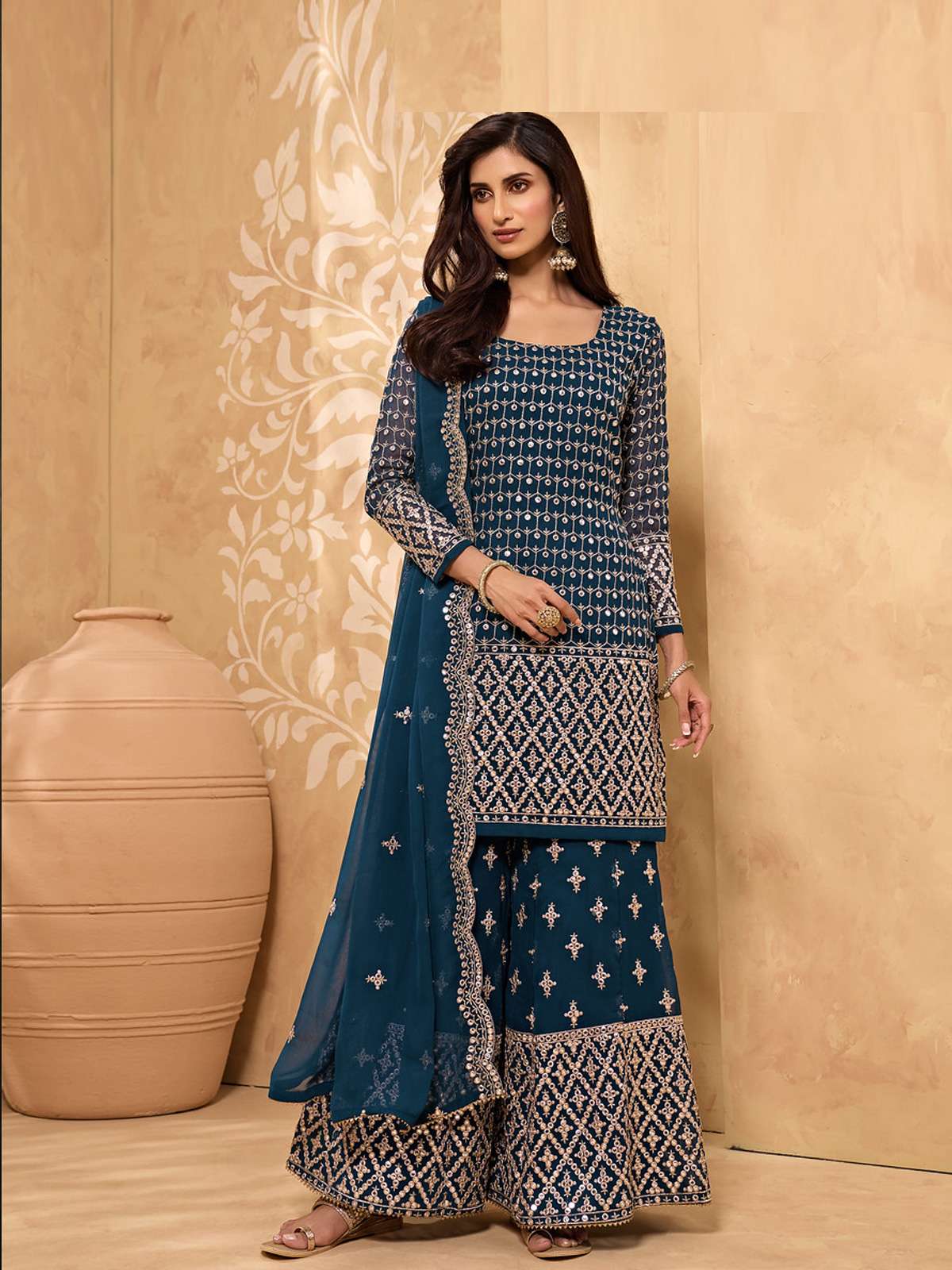 Georgette Embroidered Blue Palazzo Suit-2141