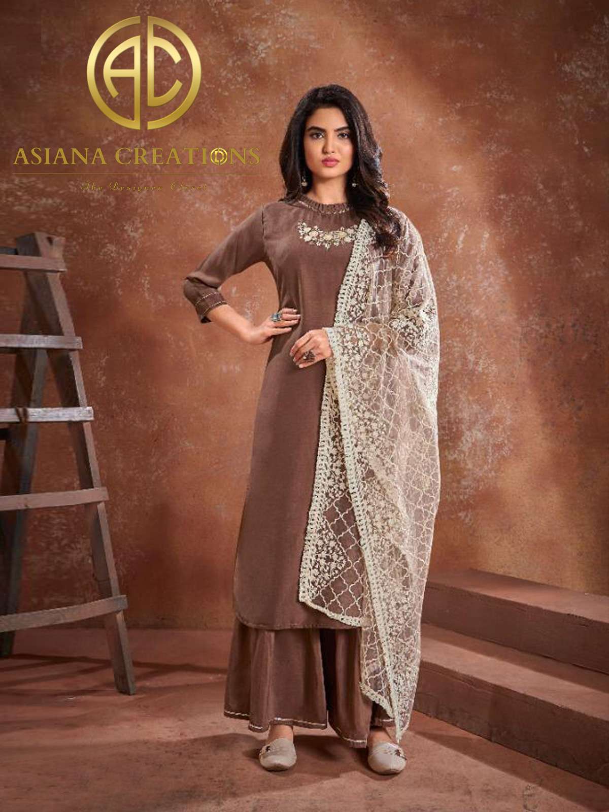 Muslin Embroidered Brown Embroidered Palazzo Suit-2153