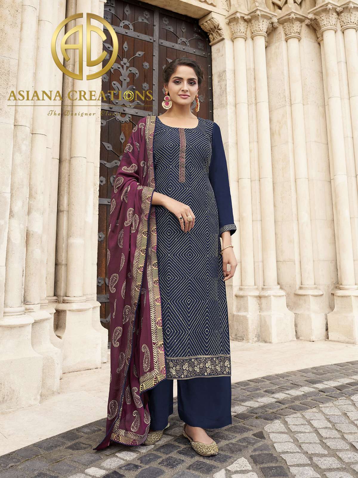 Chinnon Embroidered Navy Blue Palazzo Suits-2157