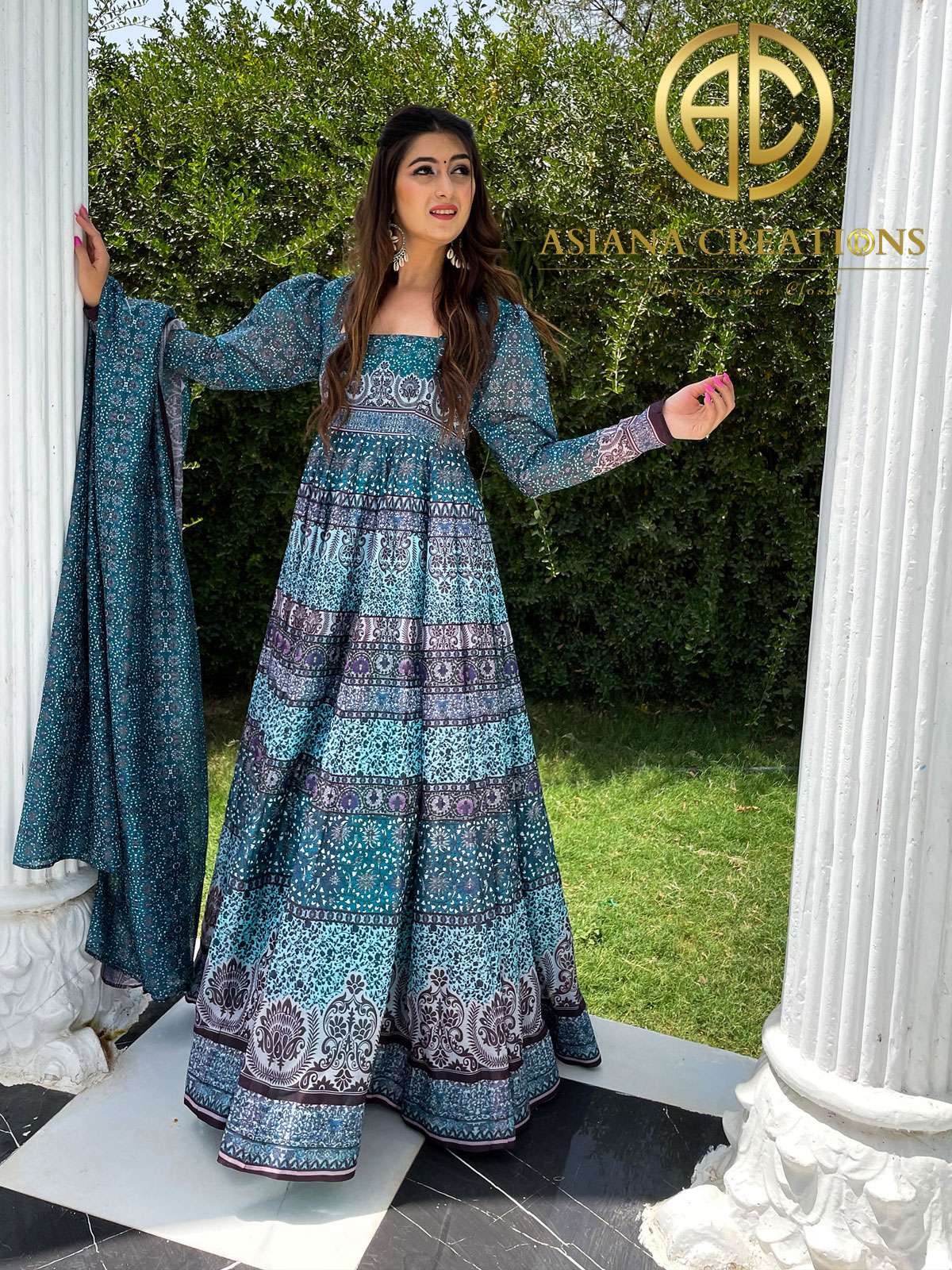 Chanderi Digital Printed Blue Gown with Dupatta-2161