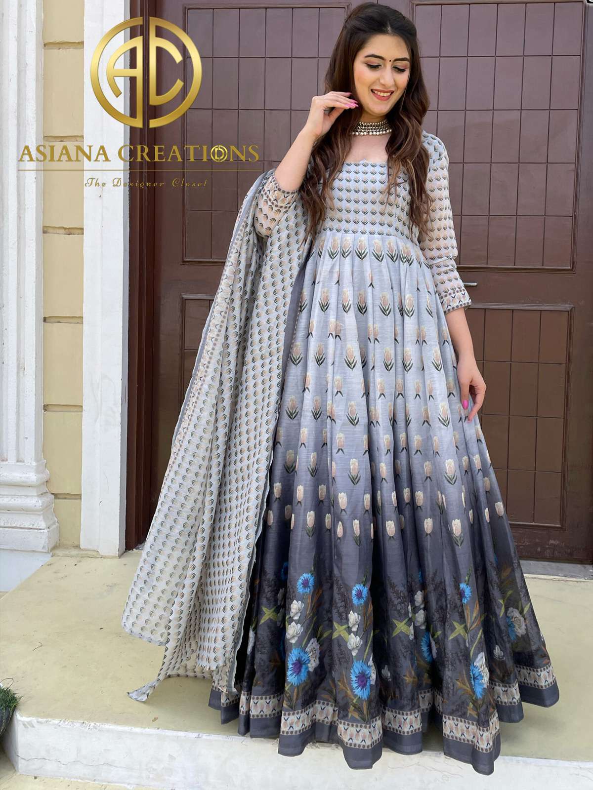 Chanderi Digital Printed Ombre Grey Gown with Dupatta-2164