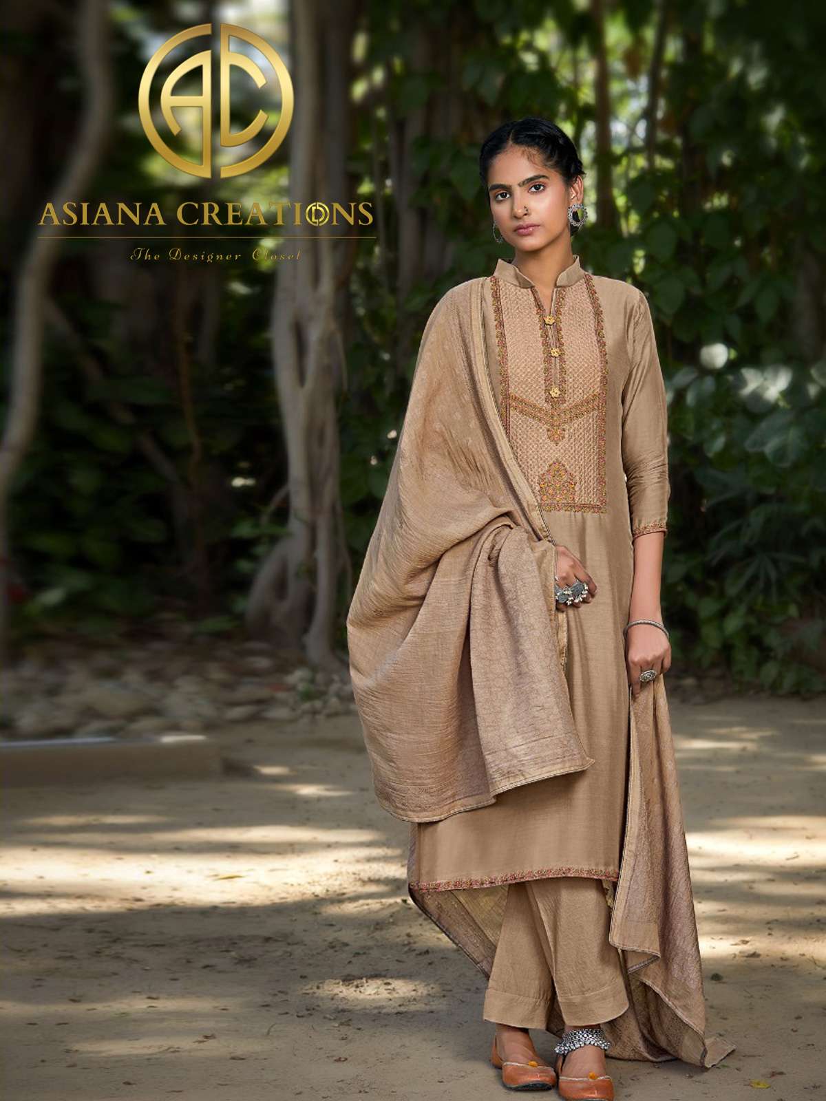Viscose Muslin Beige Embroidered Salwar Suits-2167
