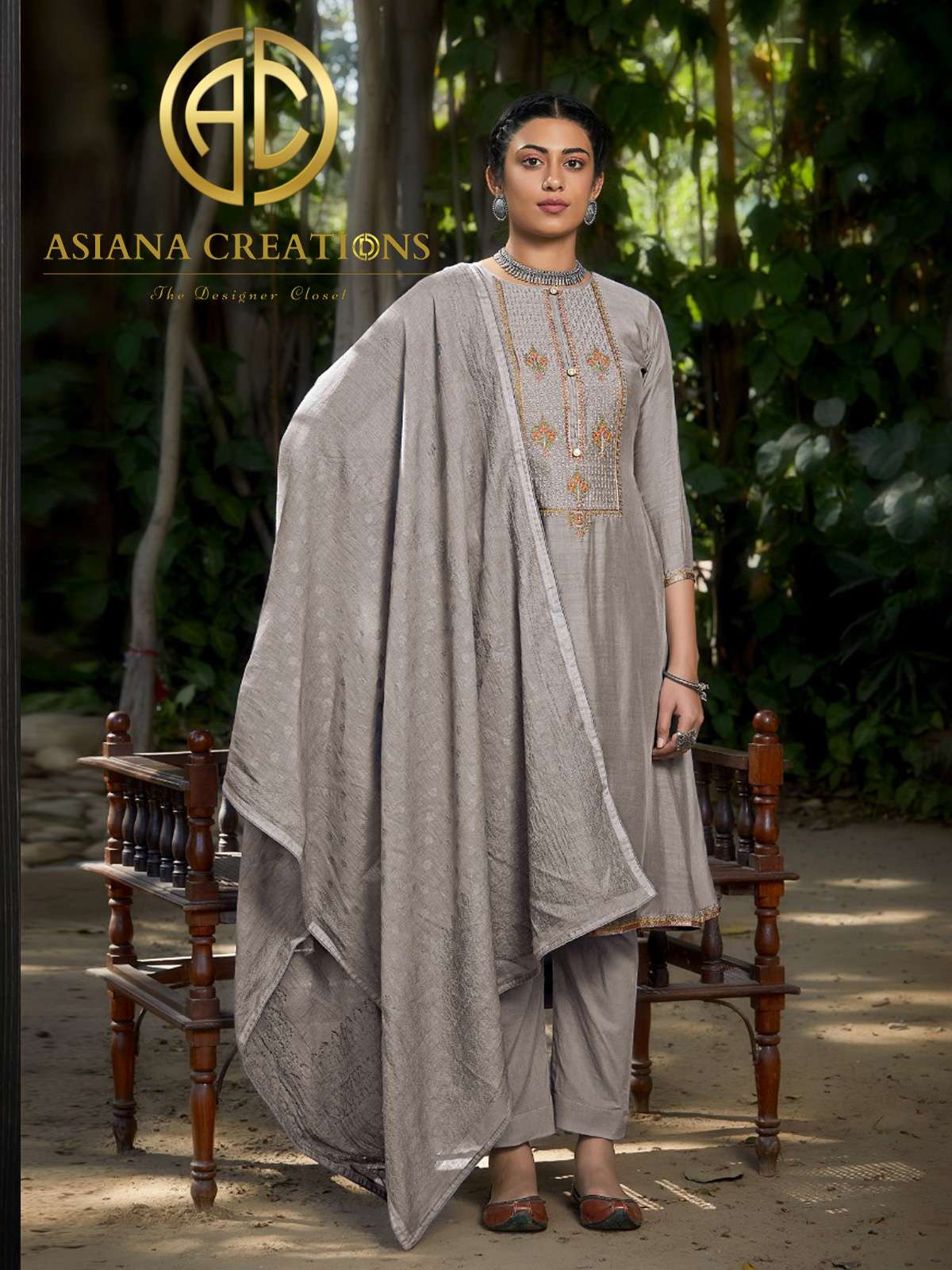 Viscose Muslin Grey Embroidered Salwar Suits-2168