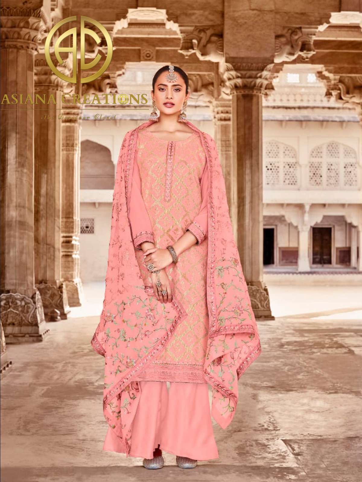 Georgette Embroidered Pink Palazzo Suits-2174