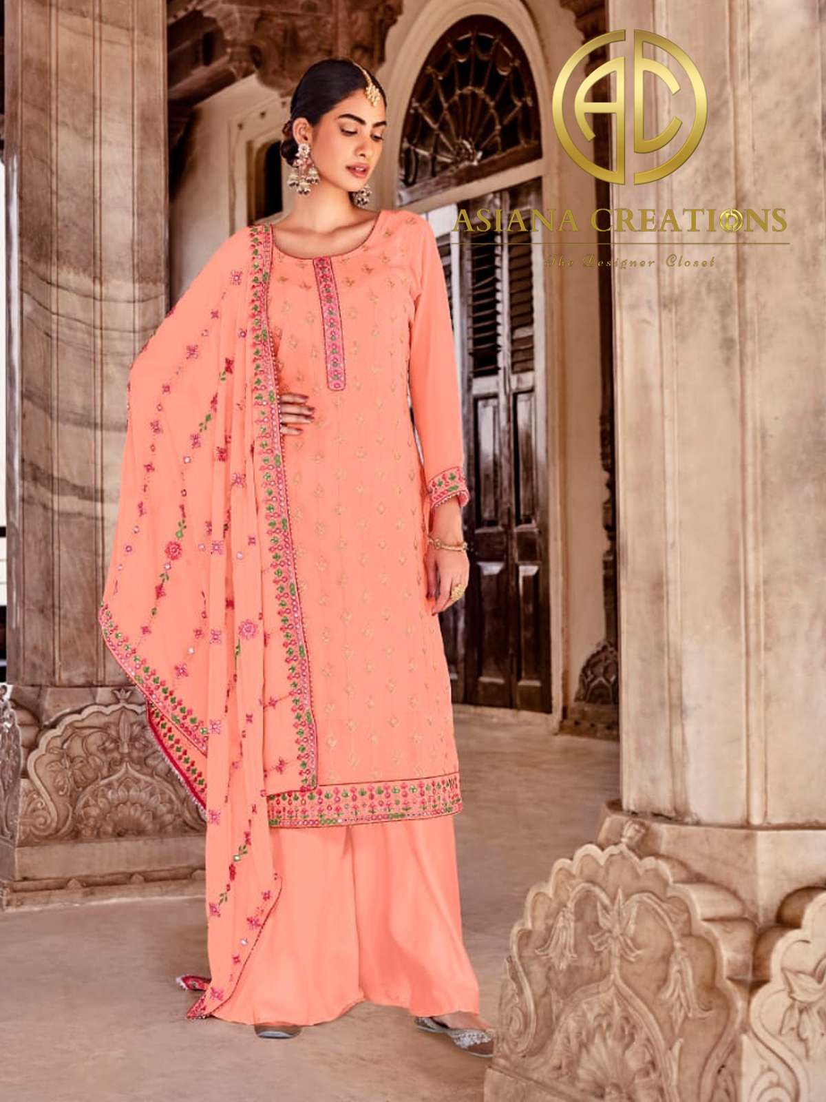 Georgette Embroidered Peach Palazzo Suits-2176