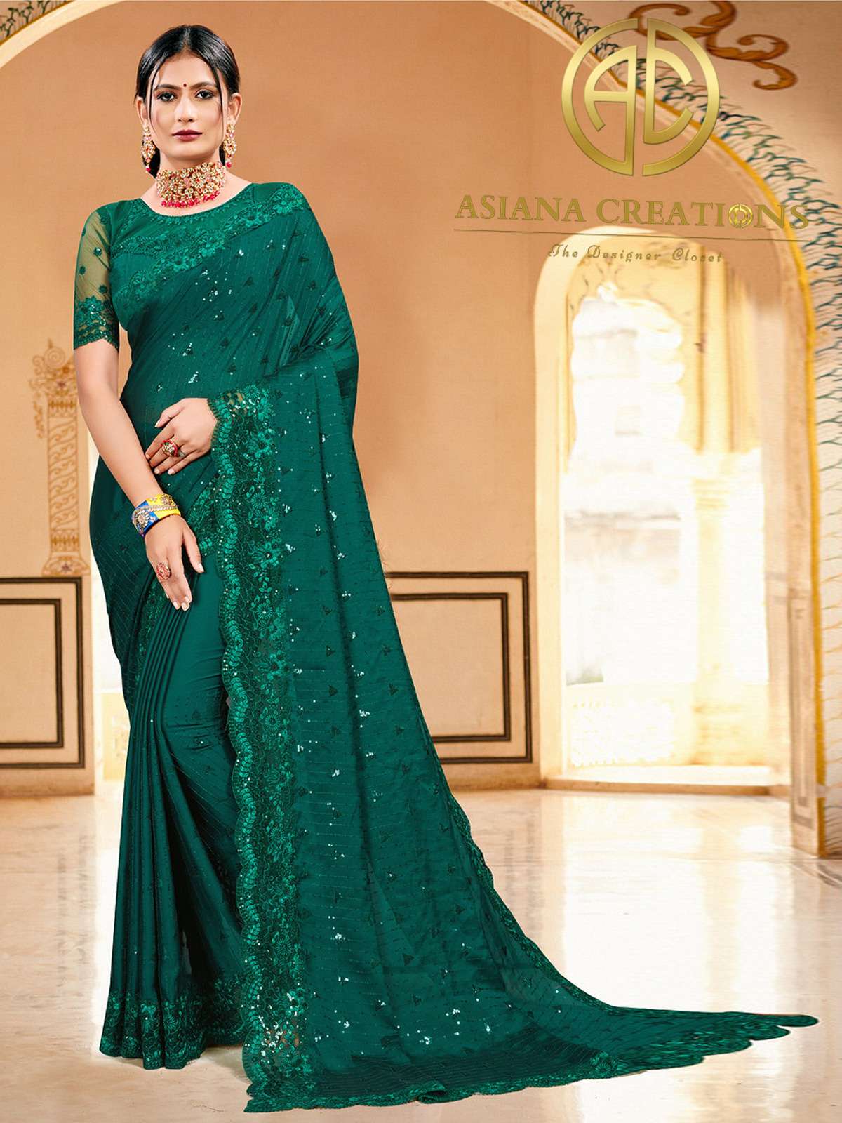 Georgette Teal Green Embroidered Designer Party Wear Saree-2194