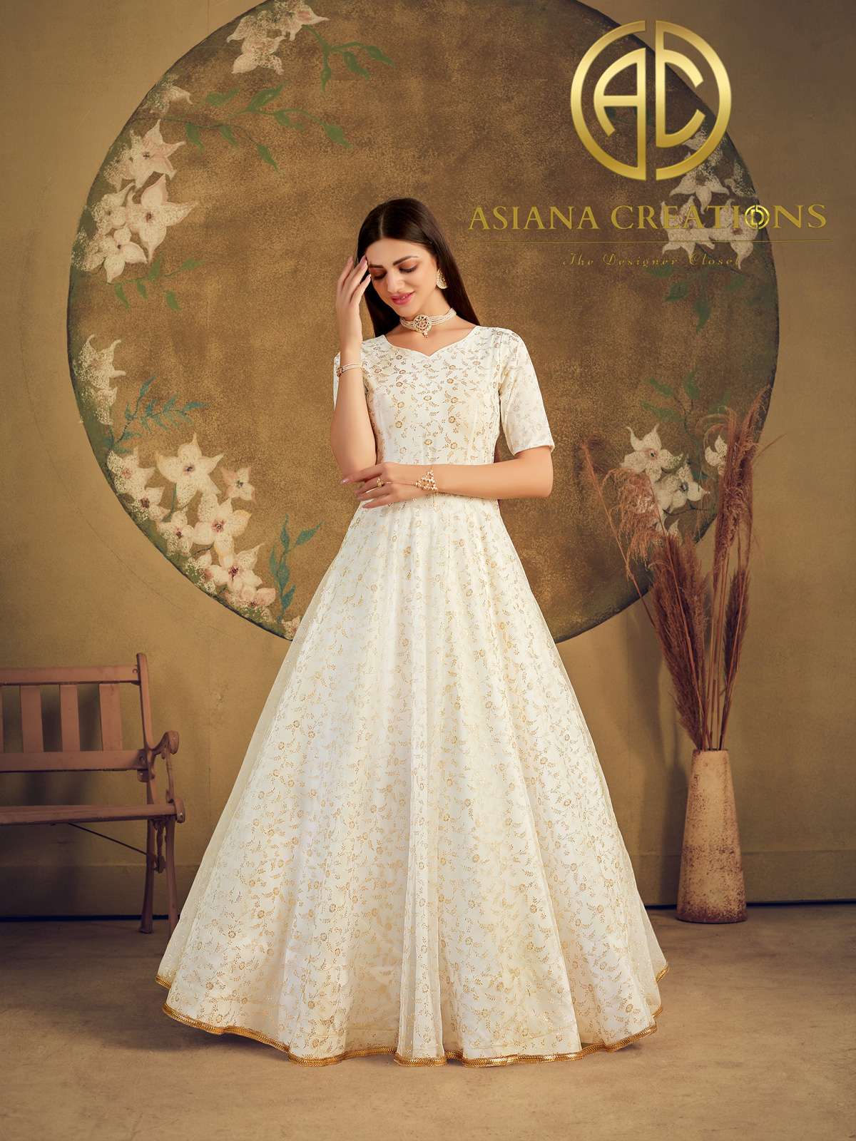 Net Off White Embroidered Party Wear Gown-2219