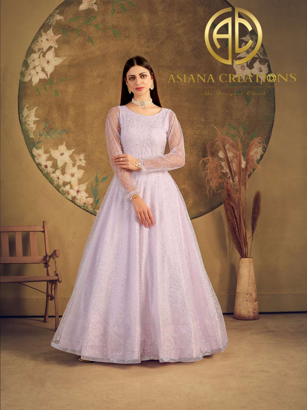 Net Lavender Embroidered Party Wear Gown-2220