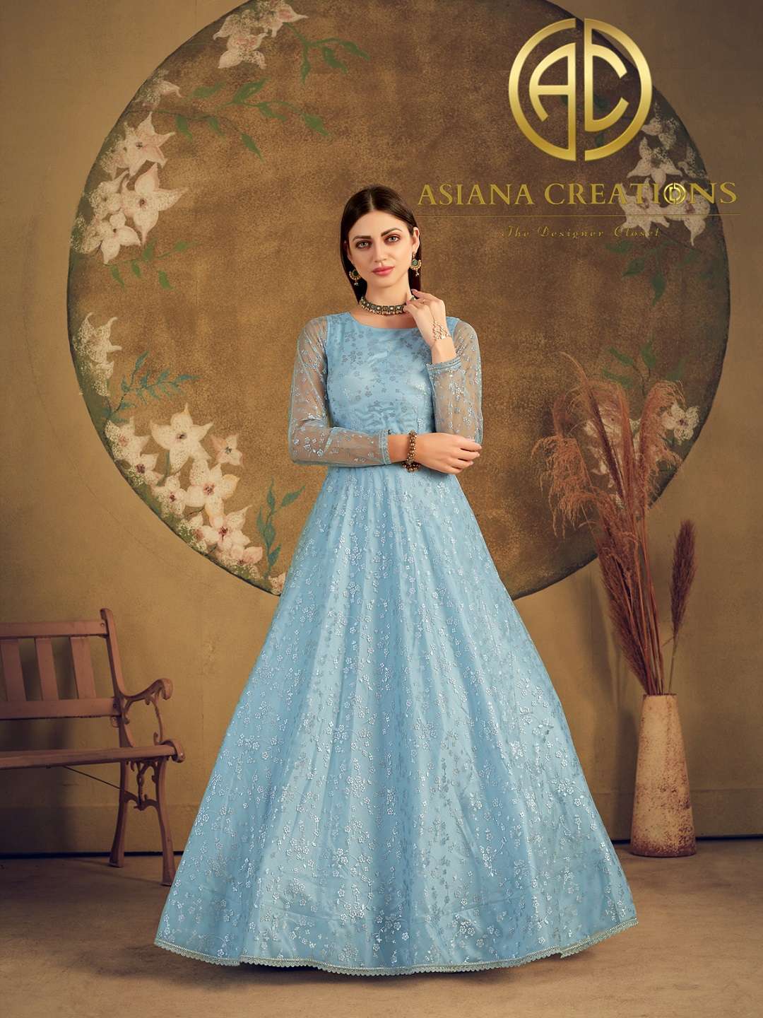 Net Blue Embroidered Party Wear Gown-2221