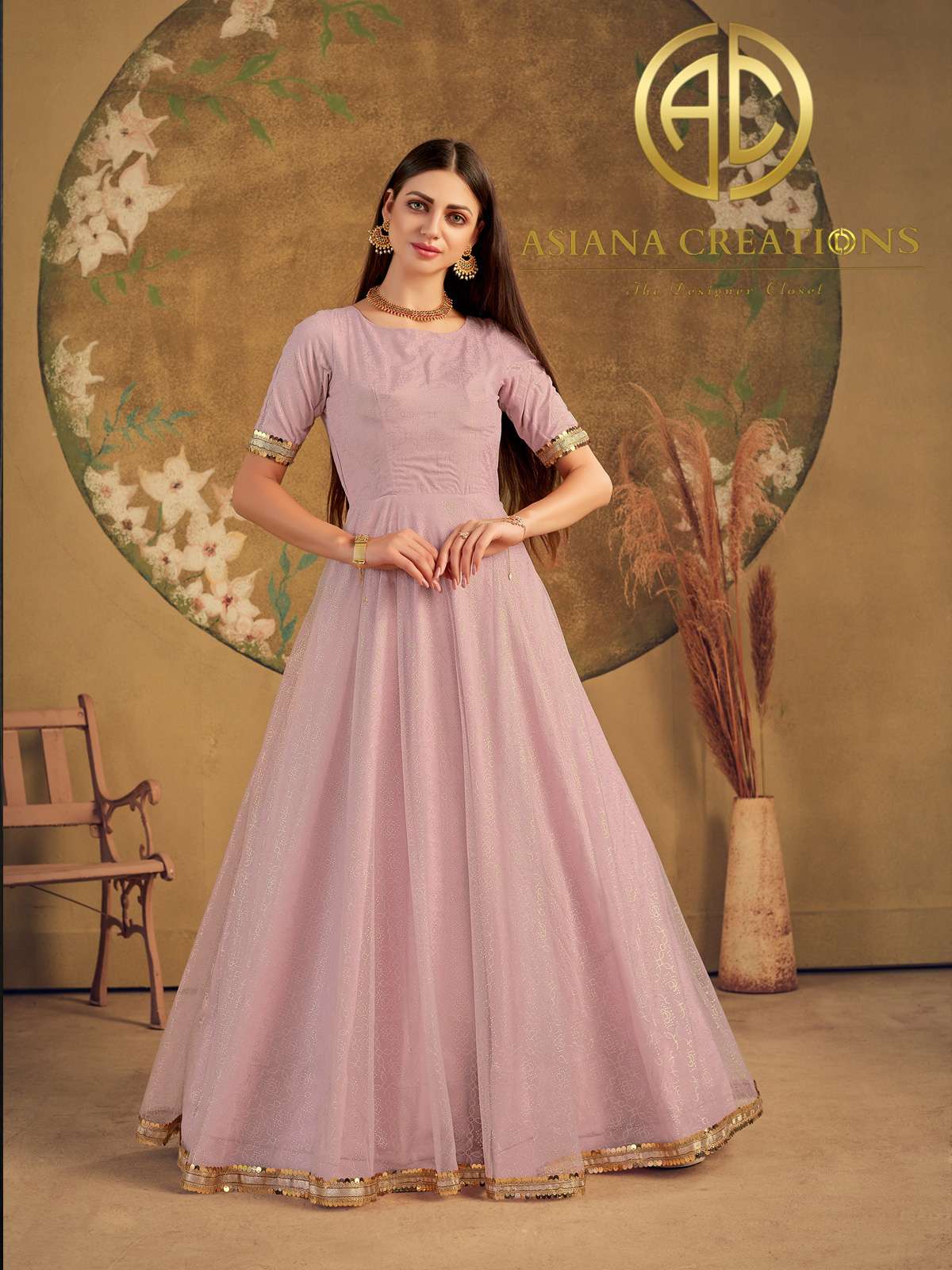 Net Pink Embroidered Party Wear Gown-2223