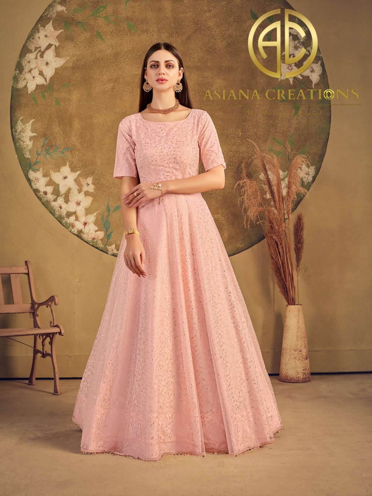 Net Peach Embroidered Party Wear Gown-2224