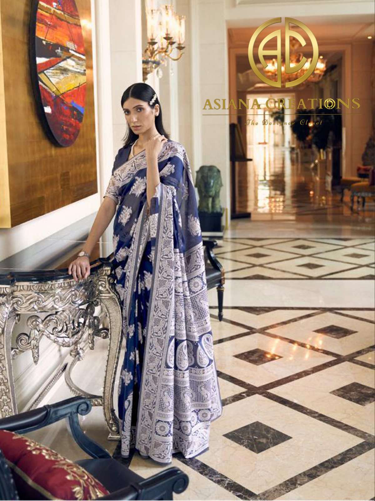 Modal Silk Blue Lucknowi Chikenkari Worked Saree-2243