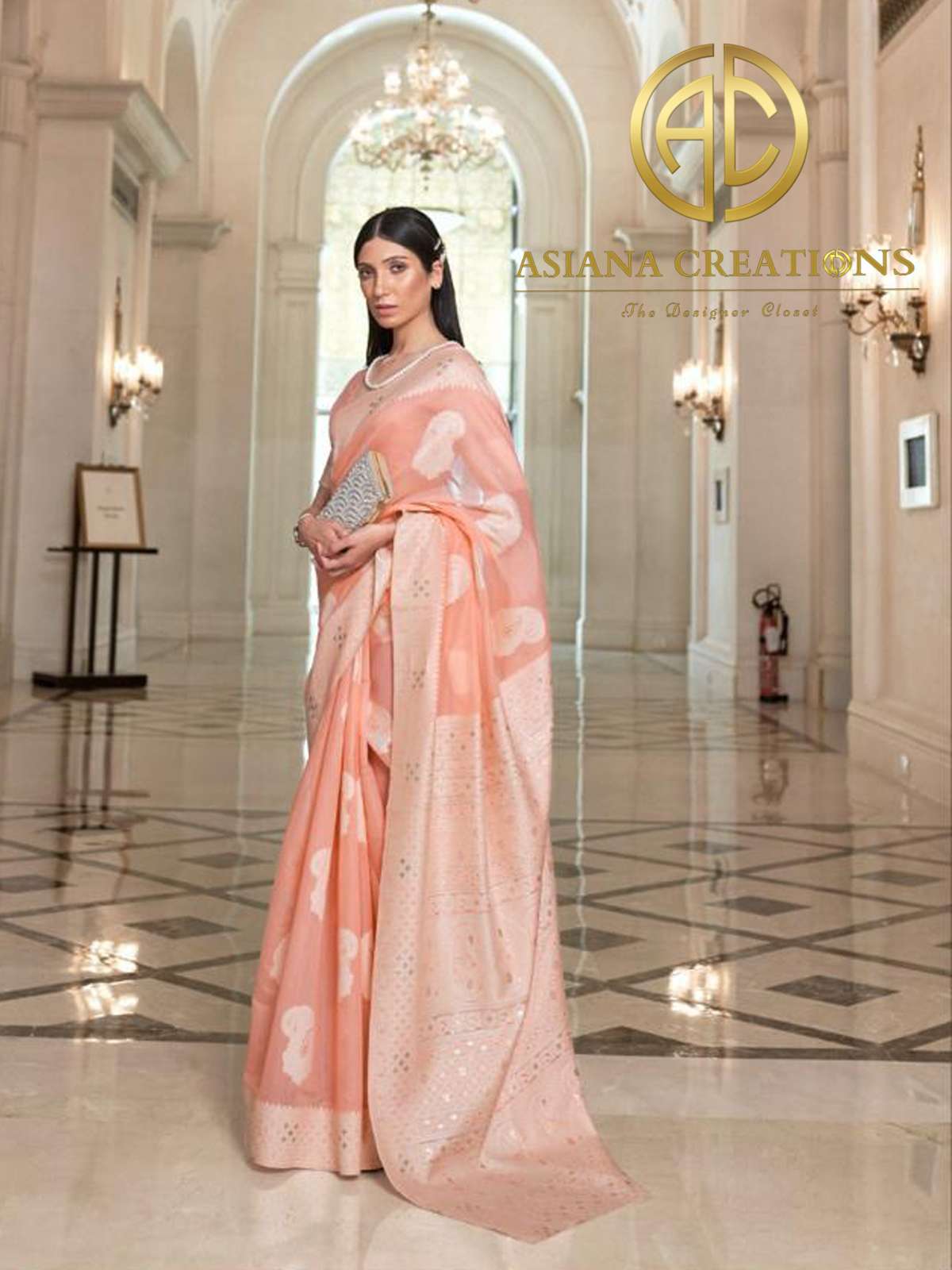 Modal Silk Peach Lucknowi Chikenkari Worked Saree-2244