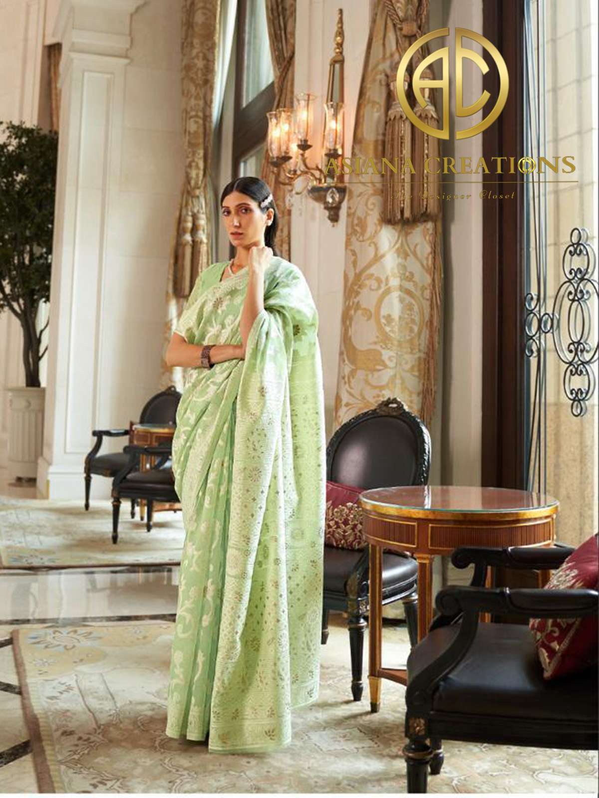 Modal Silk Green Lucknowi Chikenkari Worked Saree-2246