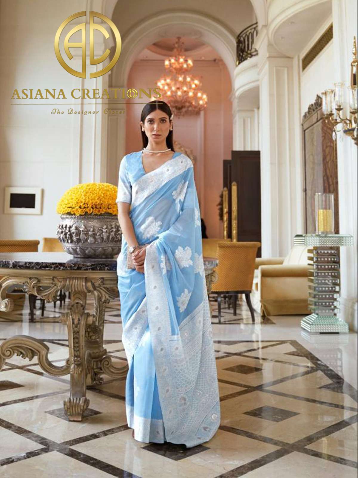 Modal Silk Sky Blue Lucknowi Chikenkari Worked Saree-2247