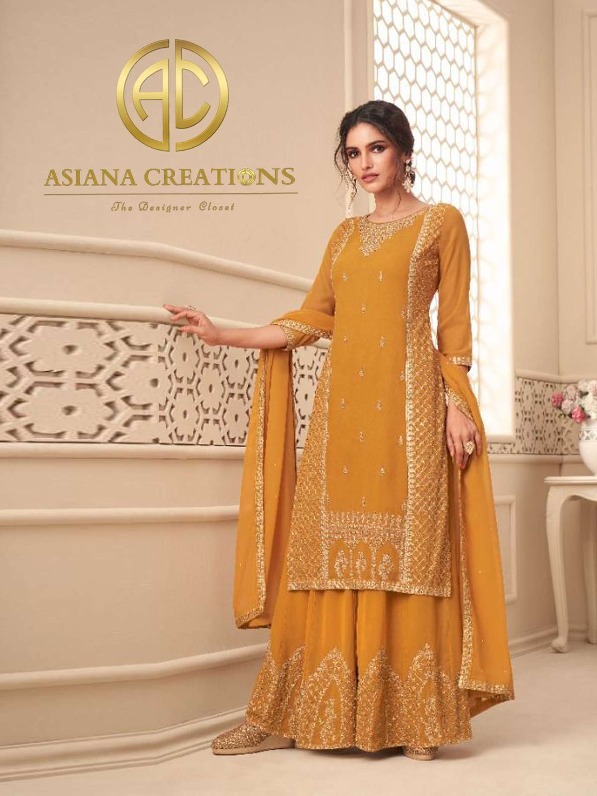 Georgette Mustard Embroidered Palazzo Salwar Suit-2314