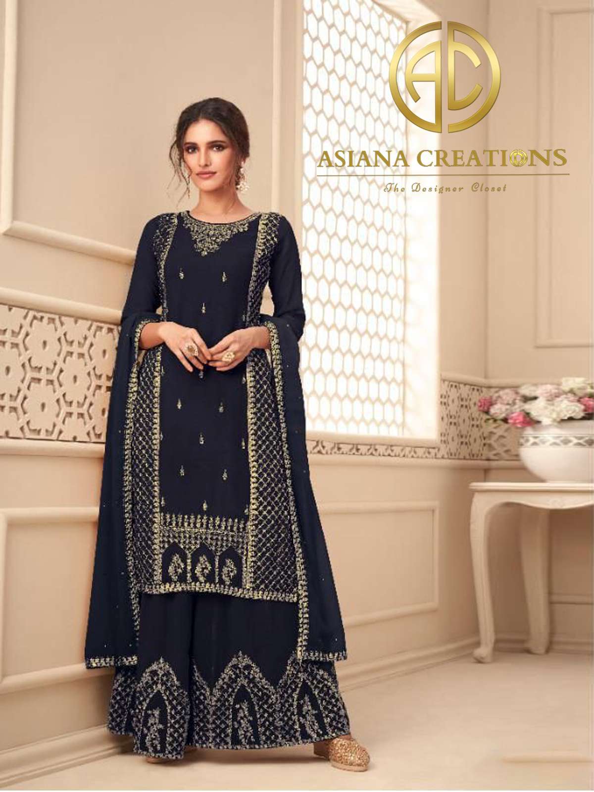 Georgette Navy Blue Embroidered Palazzo Salwar Suit-2315
