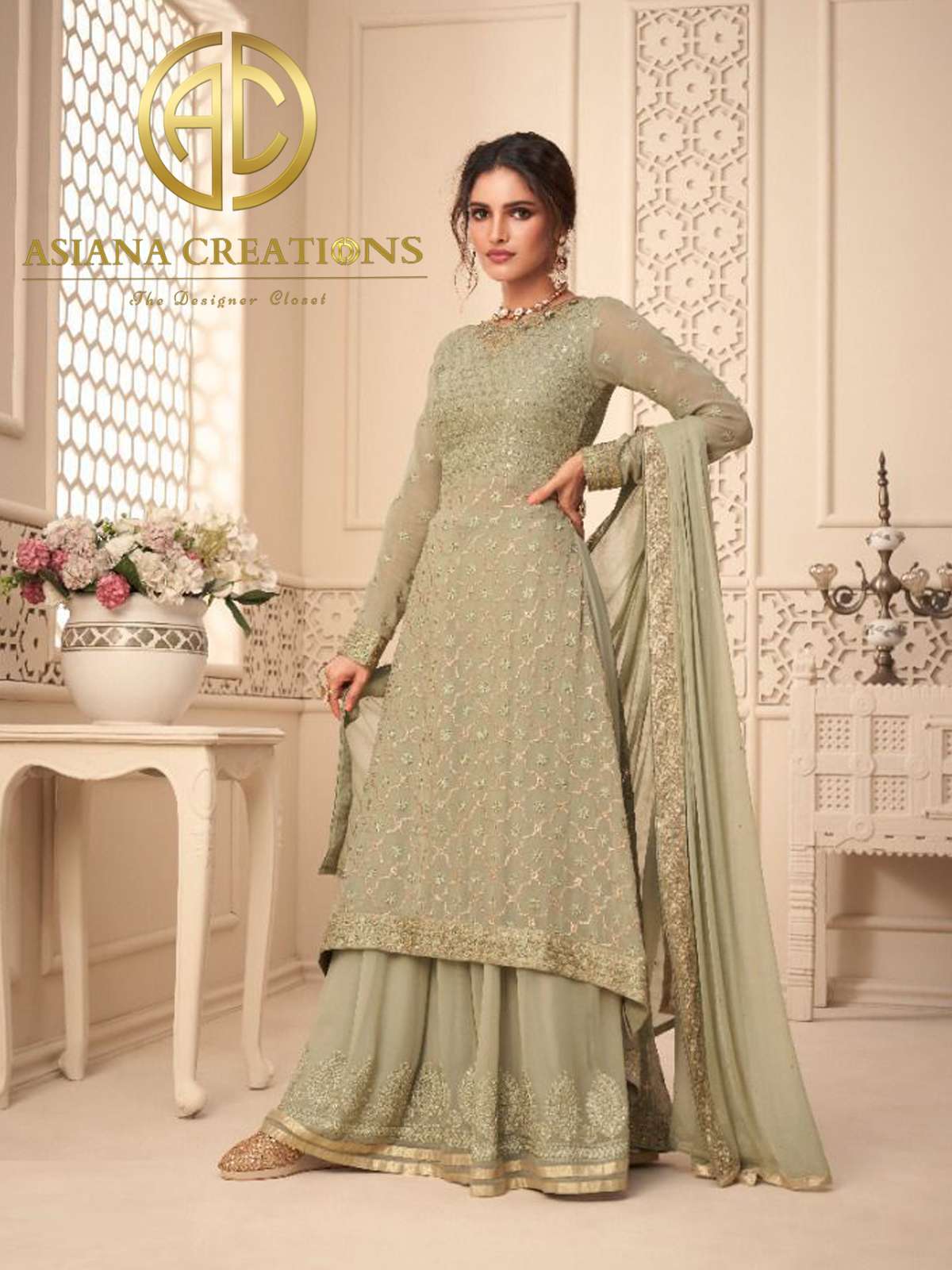 Georgette Green Embroidered Palazzo Salwar Suit-2317