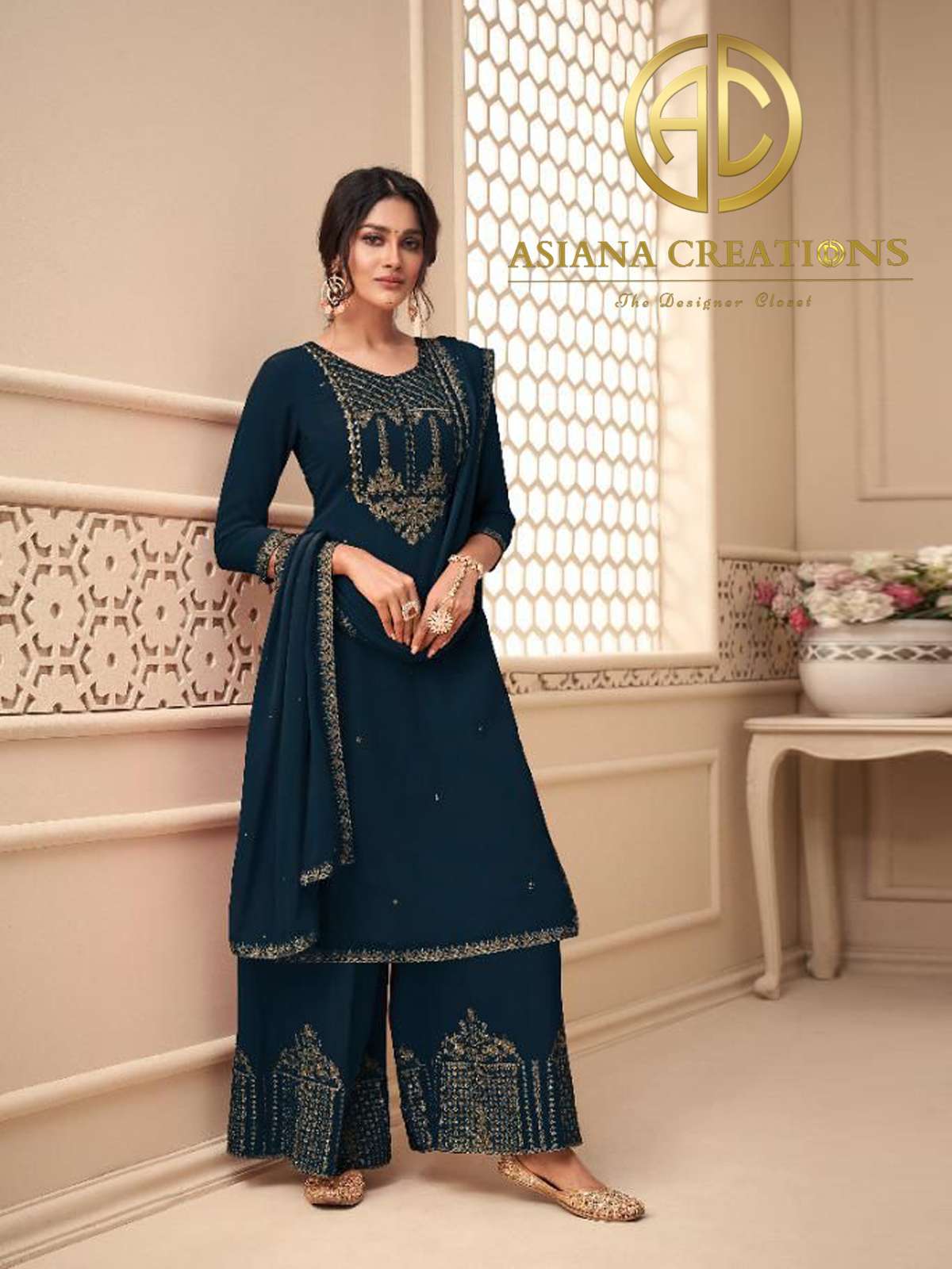 Georgette Teal Blue Embroidered Palazzo Salwar Suit-2319
