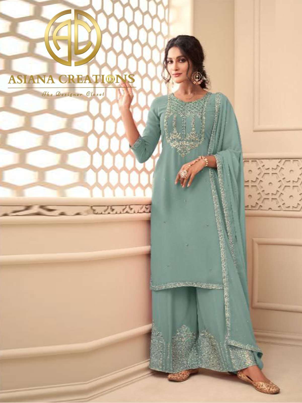 Georgette Blue Embroidered Palazzo Salwar Suit-2320