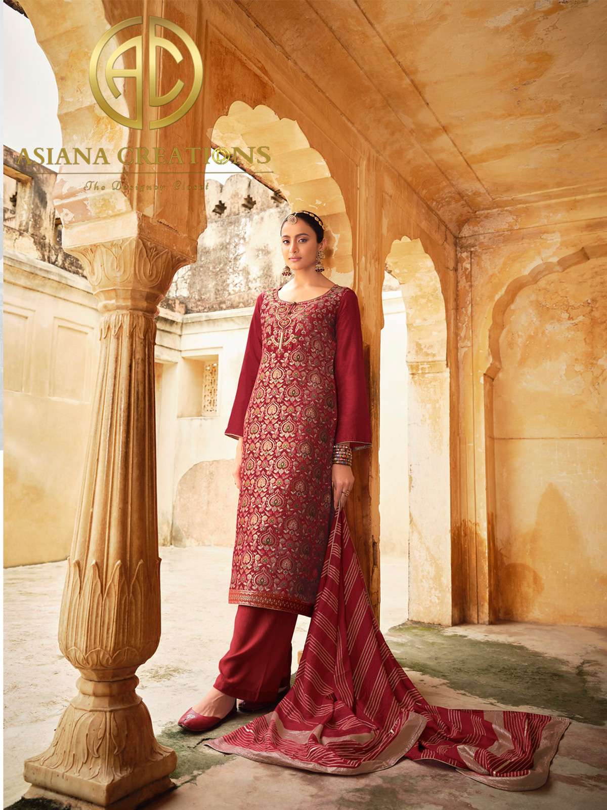 Meenakari Jacquard Silk Red Festive Wear Palazzo Suit-2354