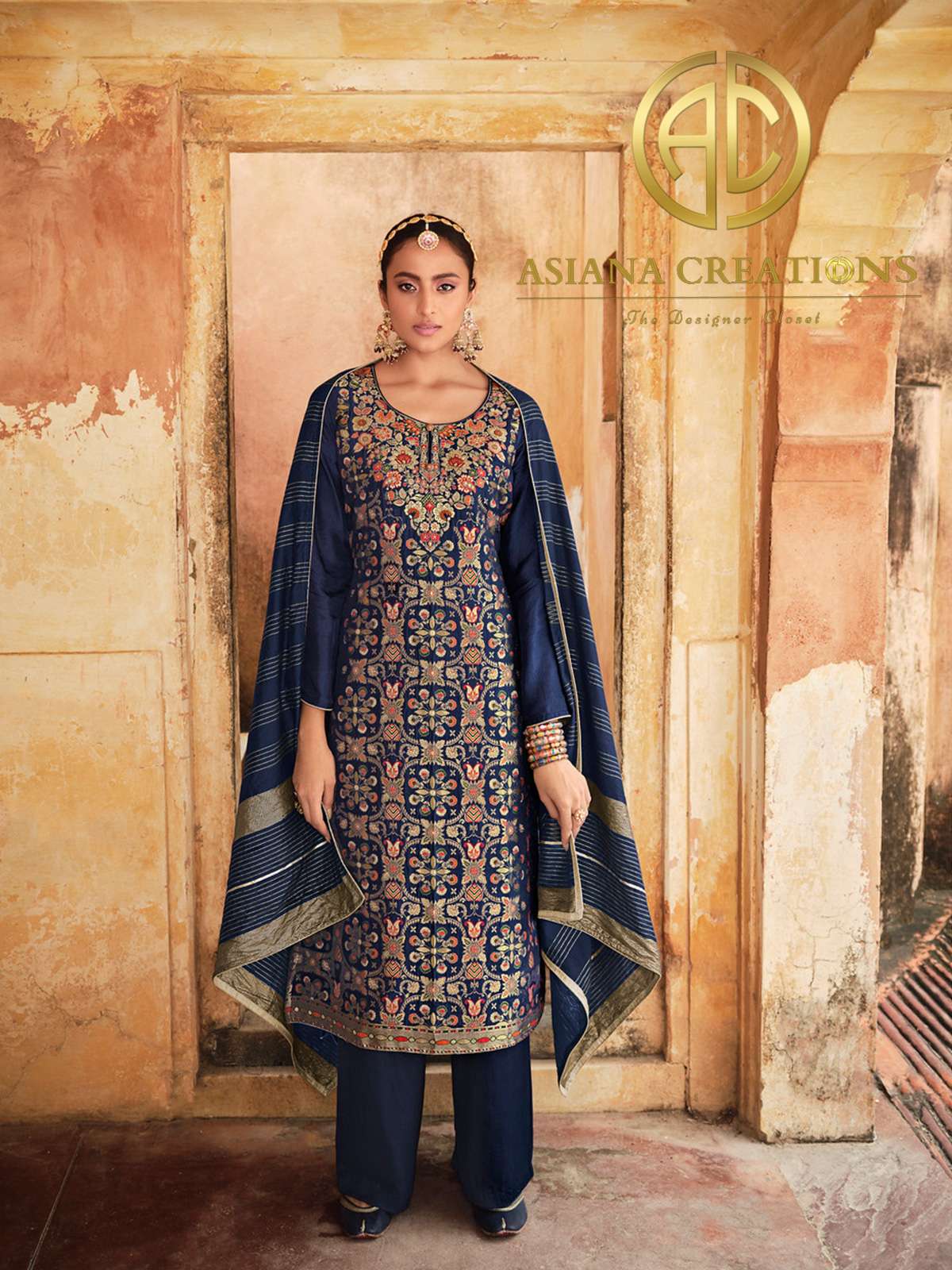Meenakari Jacquard Silk Blue Festive Wear Palazzo Suit-2355