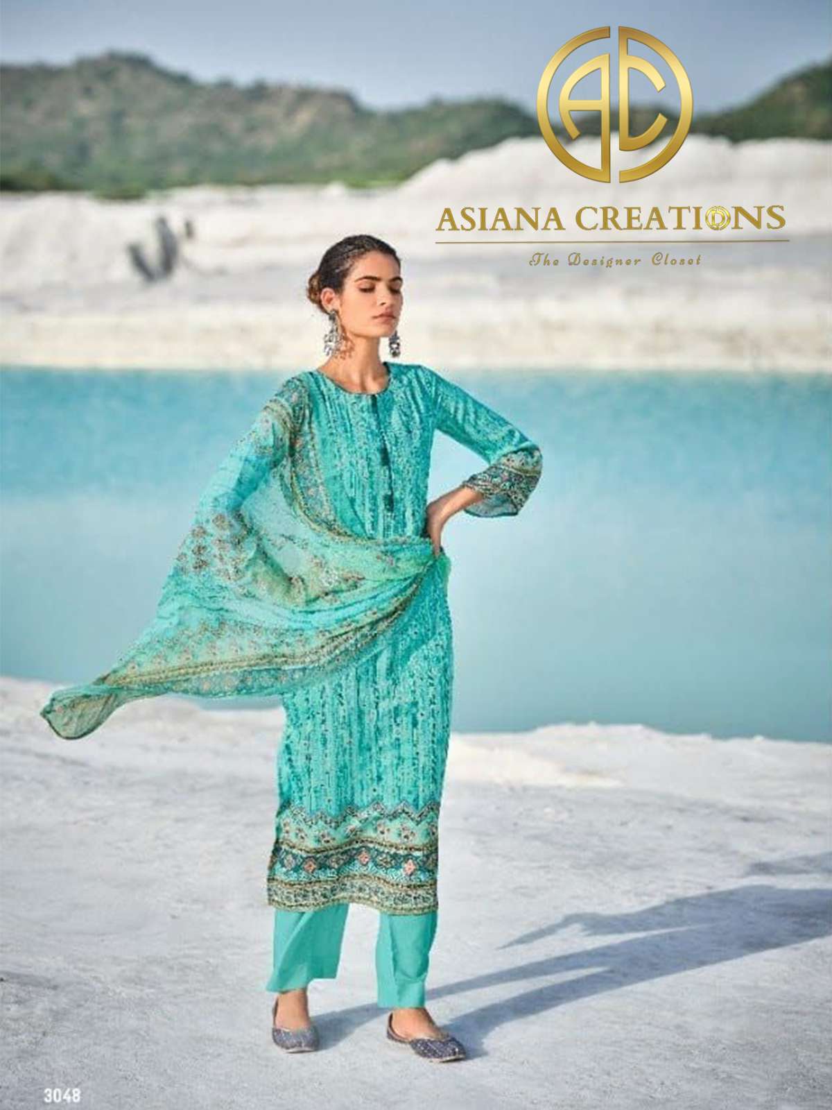 Cotton Sea Green Printed Straight Festive Wear Salwar Suits-2381