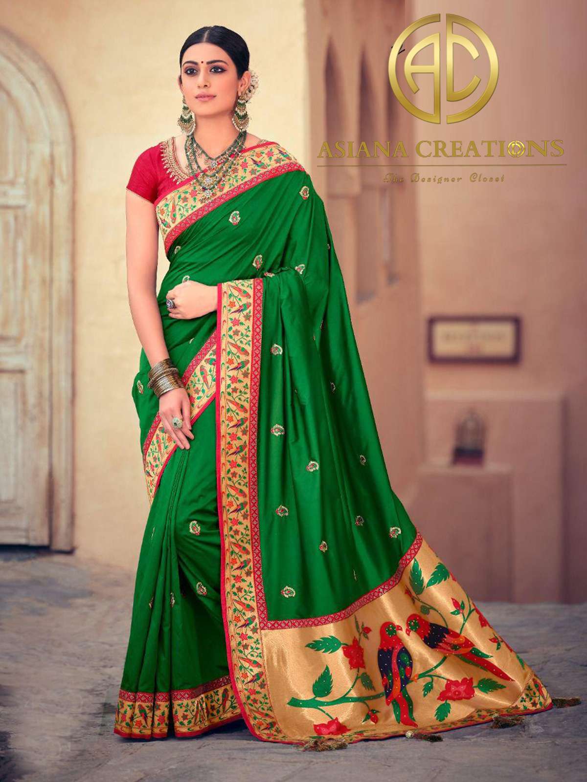 Art Silk Green Wedding Wear Woven Saree-2384