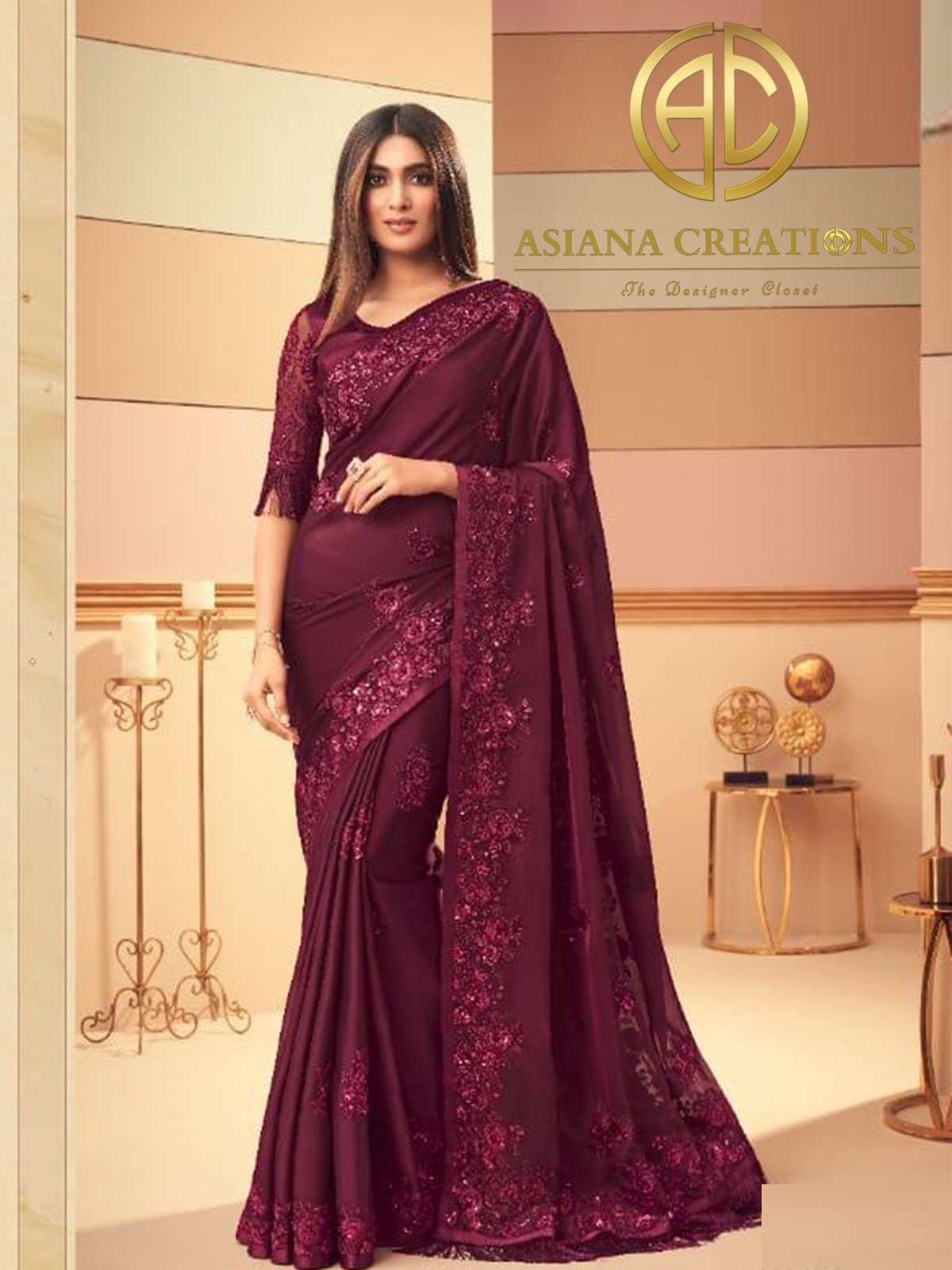 Glass Silk Wine Embroidered Party Wear Saree-2391