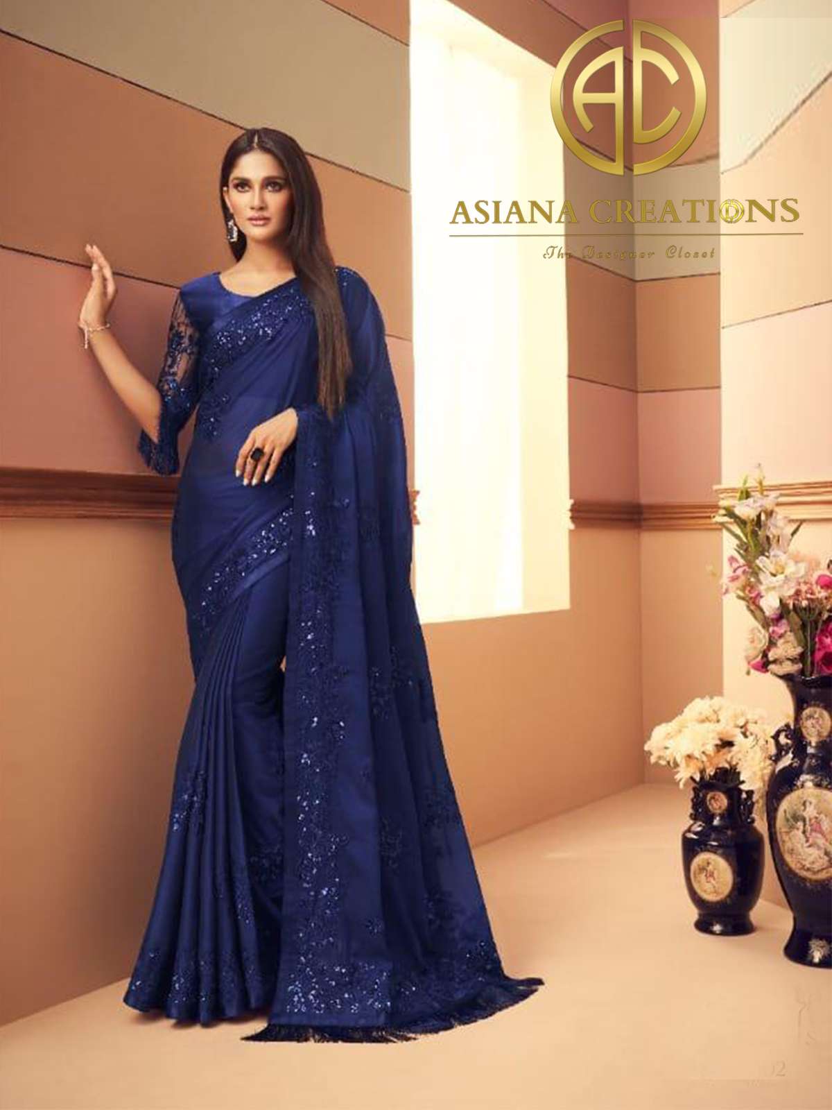 Glass Silk Blue Embroidered Party Wear Saree-2392