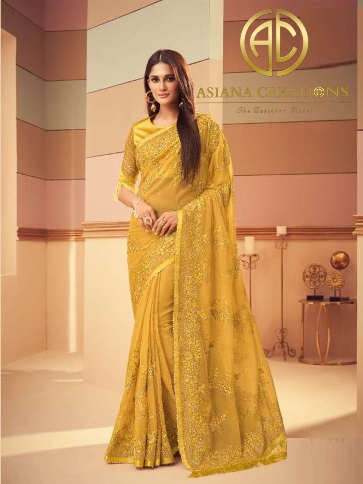 Glass Silk Yellow Embroidered Party Wear Saree-2393
