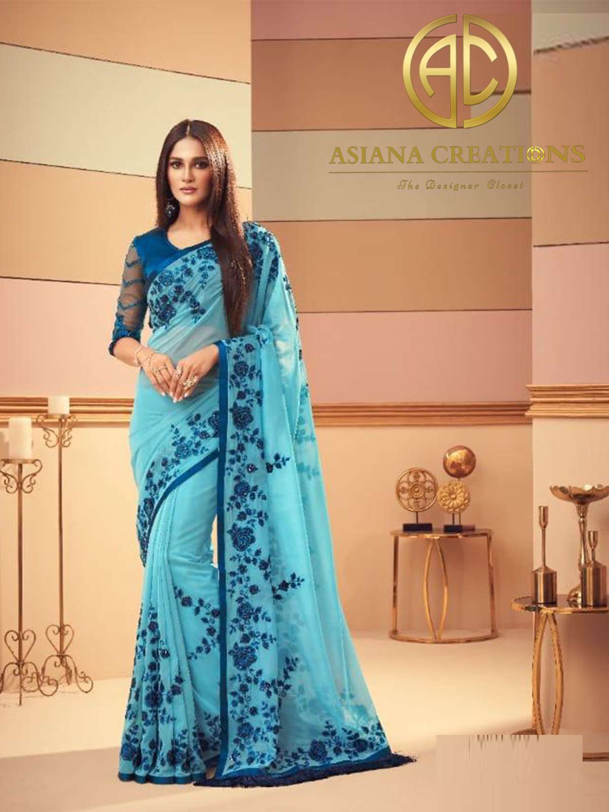 Glass Silk Blue Embroidered Party Wear Saree-2394