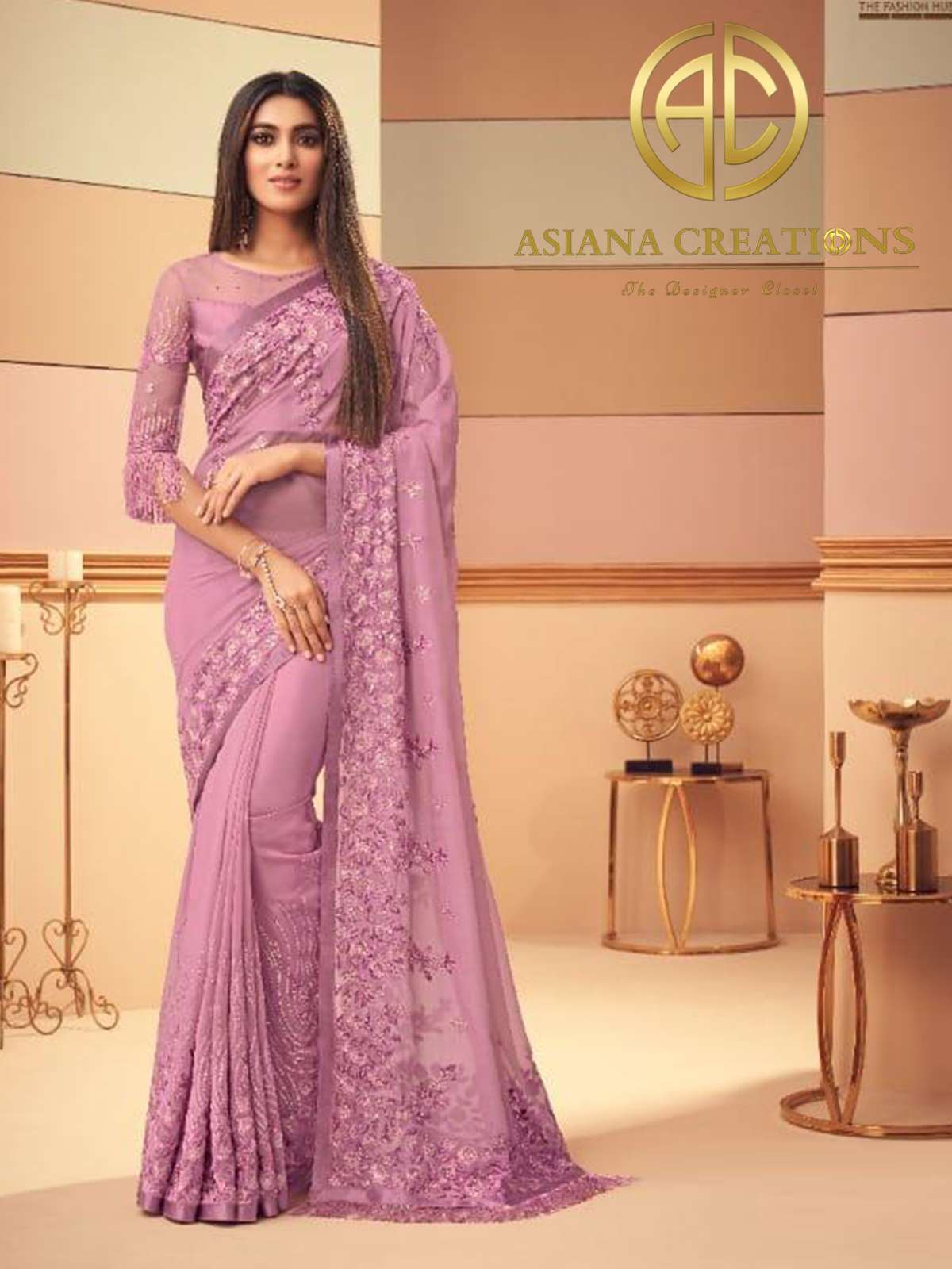 Glass Silk Pink Embroidered Party Wear Saree-2395