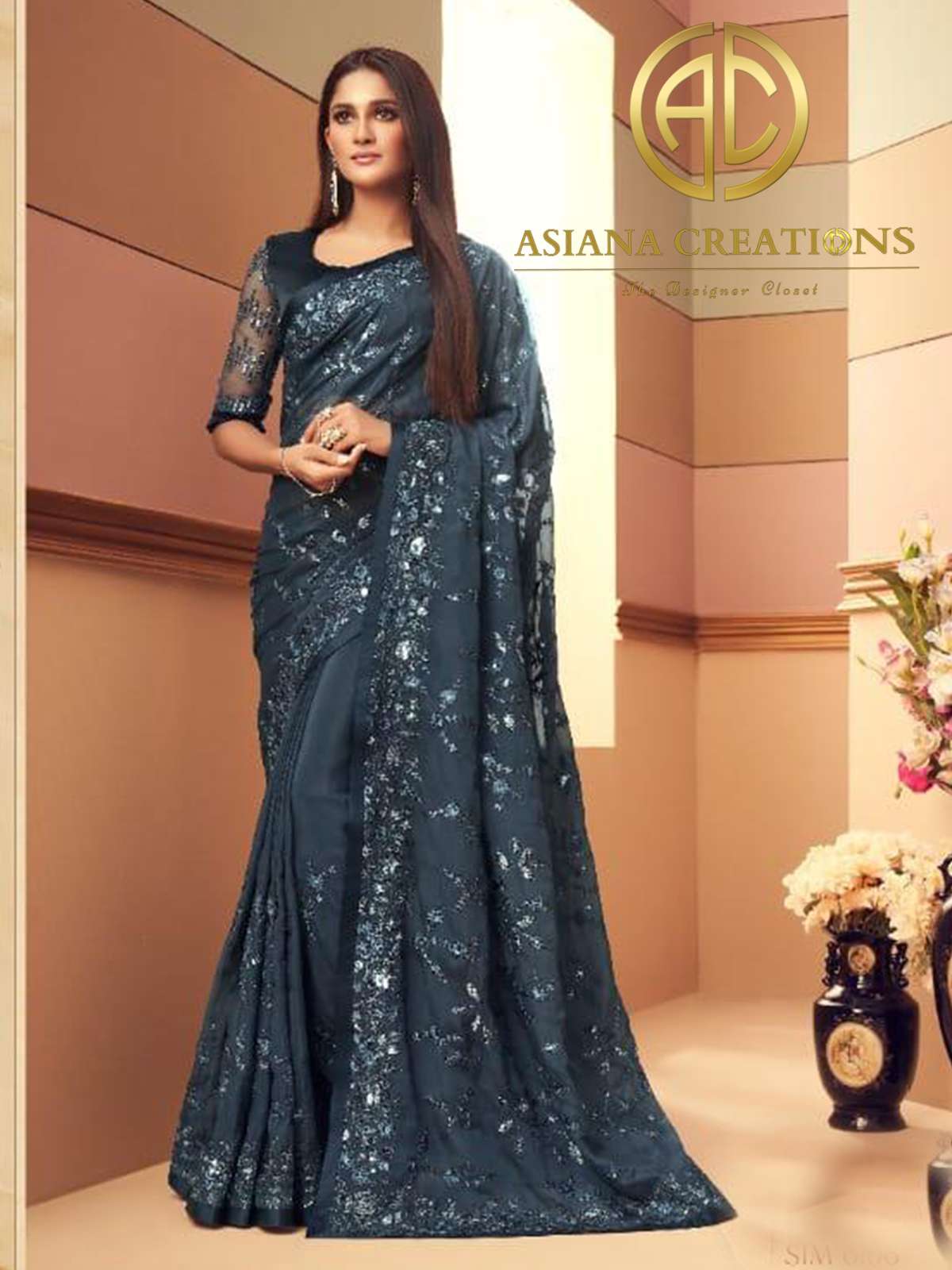 Glass Silk Grey Embroidered Party Wear Saree-2396