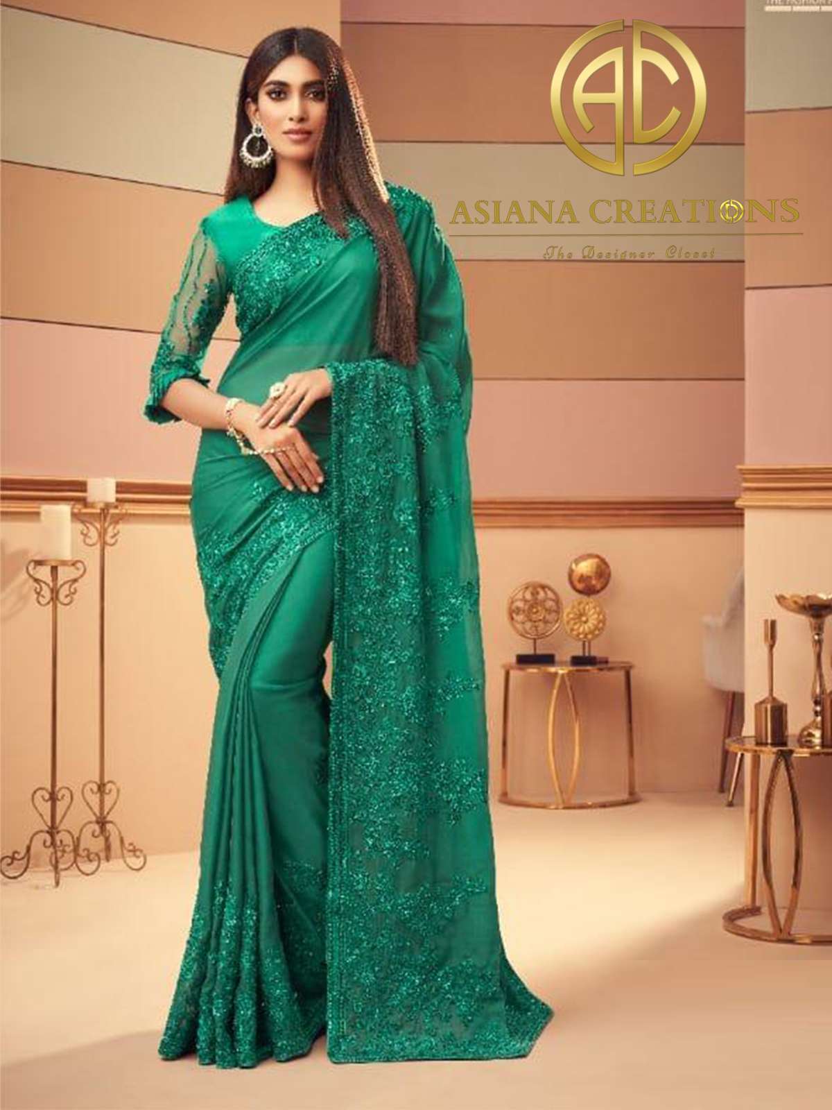 Glass Silk Green Embroidered Party Wear Saree-2397